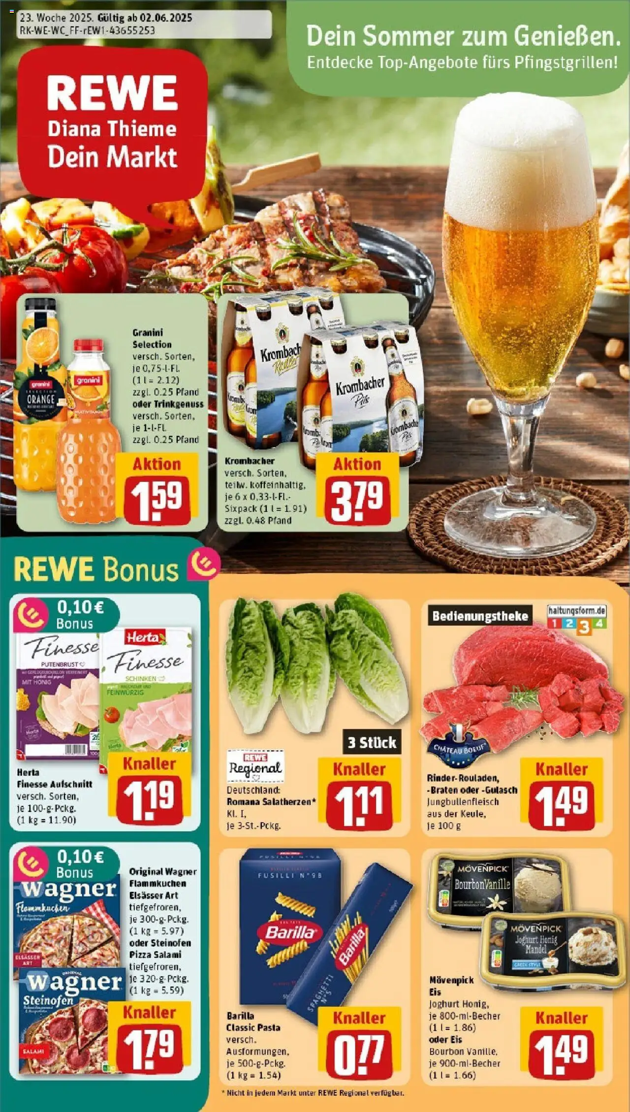 REWE Prospekt ab 01.06.2025 nächste Woche - Prospekt Frechen / Königsdorf - Pizza, Eis, Spaghetti, Krombacher, Schinken, Movenpick eis, Putenbrust, Granini