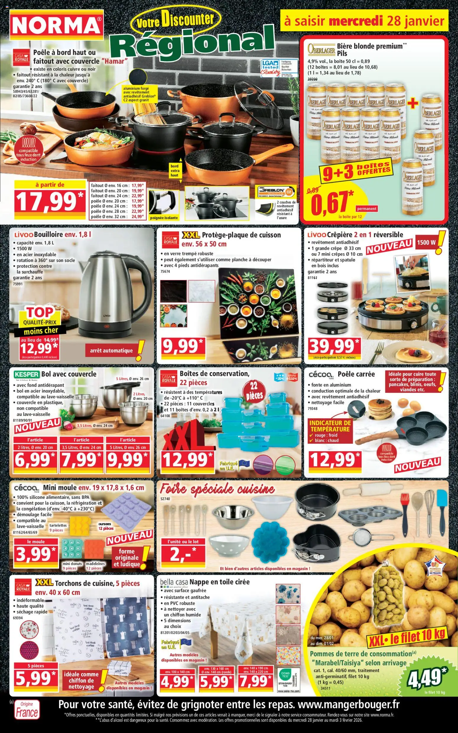 Prévisualisation de Catalogue du magasin Norma formulaire valide 28/01/2026 - Poêle, Bouilloire, Bol, Nappe, Faitout, Pommes, Torchons, Planche à découper