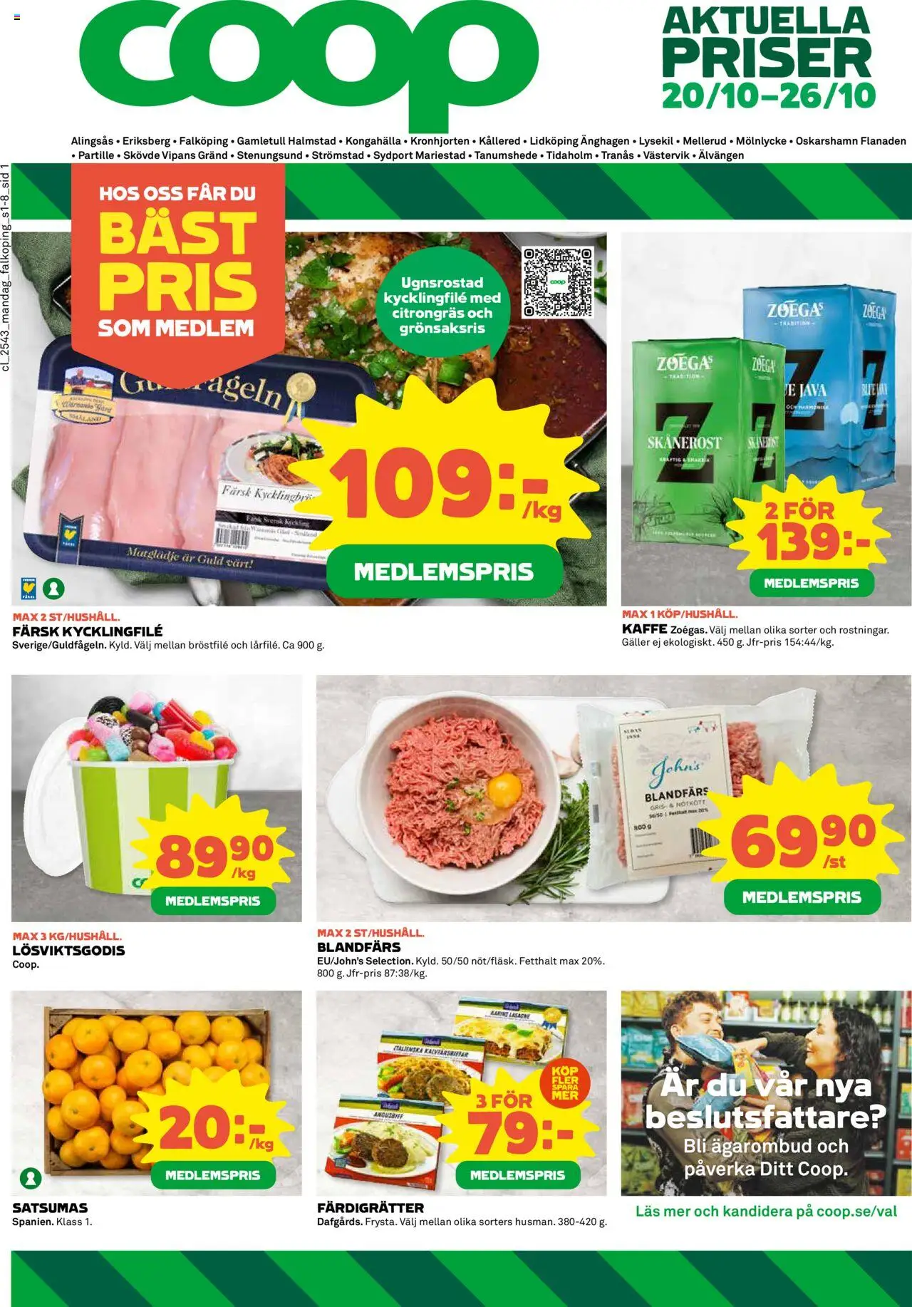 Aktuella reklamblad Coop är giltig 20/10 2025 > Veckans Erbjudanden gäller från 20/10/2025 till 26/10/2025 sidnummer 1 - Lasagne, Kaffe, Te, Kycklingfile, Galler, Nötkött, Blandfärs, Färdigrätter