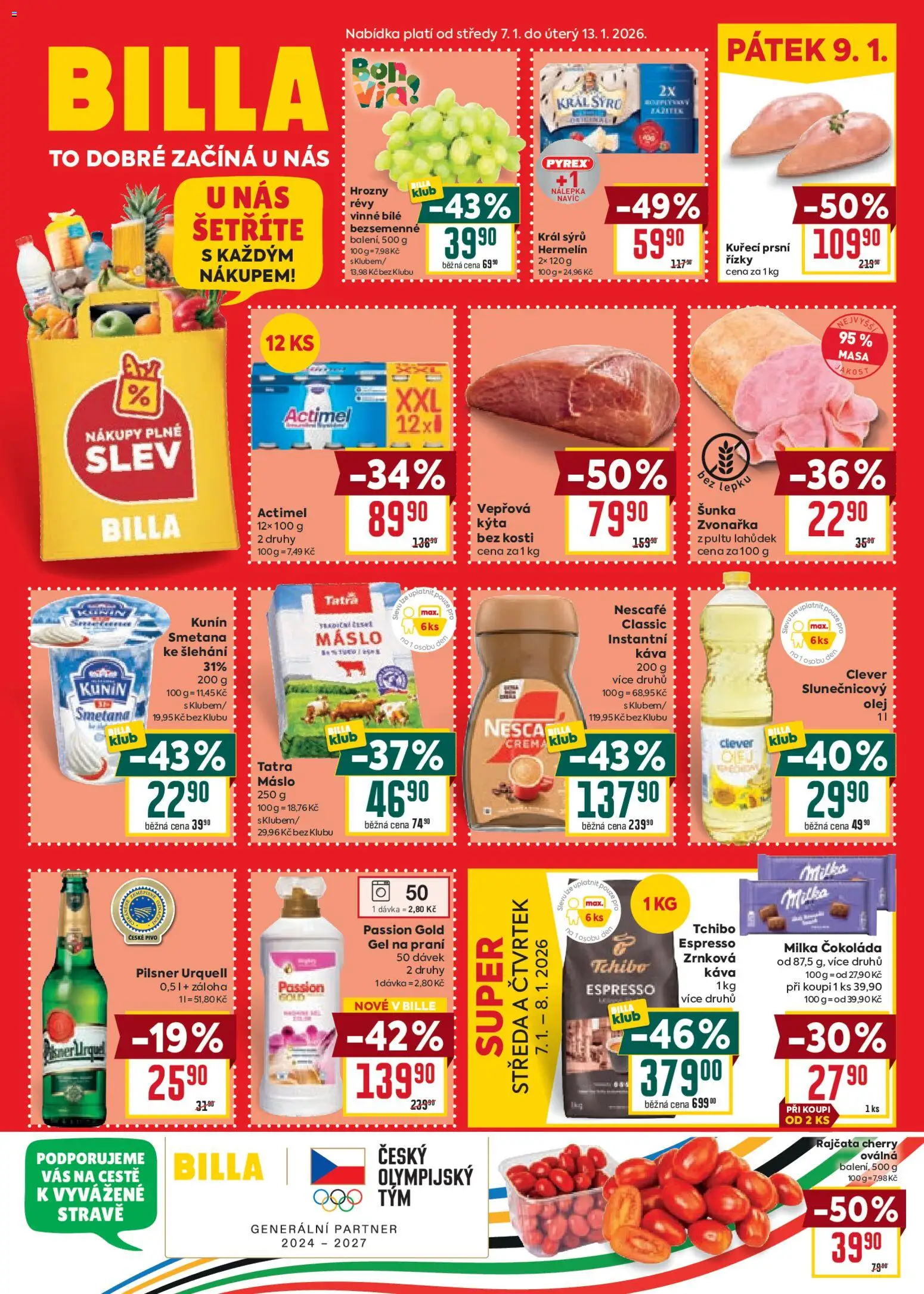 Náhled nabídky: Billa Velký leták platný od 07.01.2026 - Káva, Čokoláda, Hermelín, Šunka, Nescafé, Hrozny, Řízky, Crema