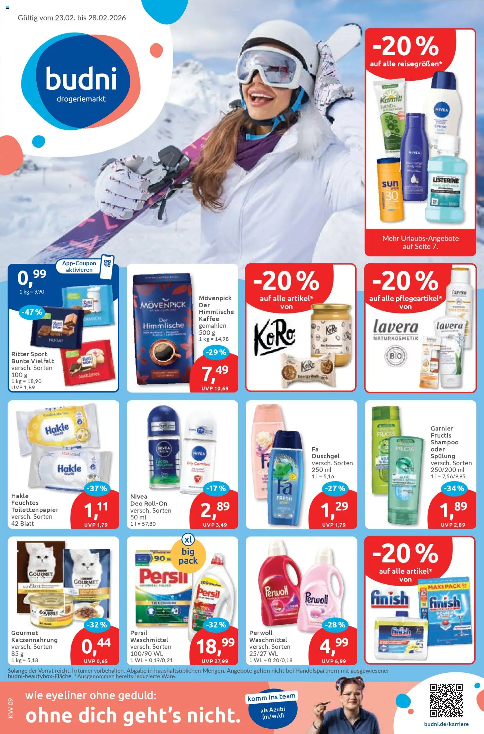 Vorschau von dem Prospekt des Geschäftes Budni, gültig ab dem 23.02.2026 - Toilettenpapier, Shampoo, Waschmittel, Creme, Listerine, Perwoll, Finish, Spülung