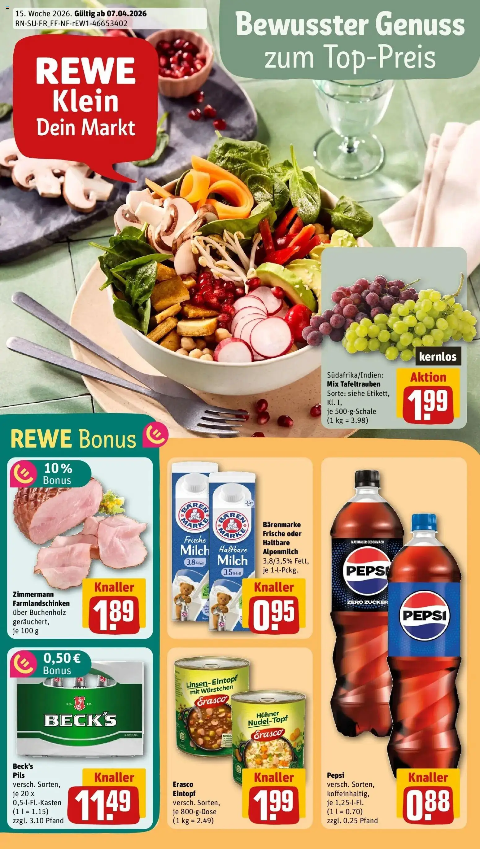 Vorschau von dem Prospekt des Geschäftes Rewe, gültig ab dem 05.04.2026 - Cola, Milch, Zucker, Pepsi, Pils, Erasco