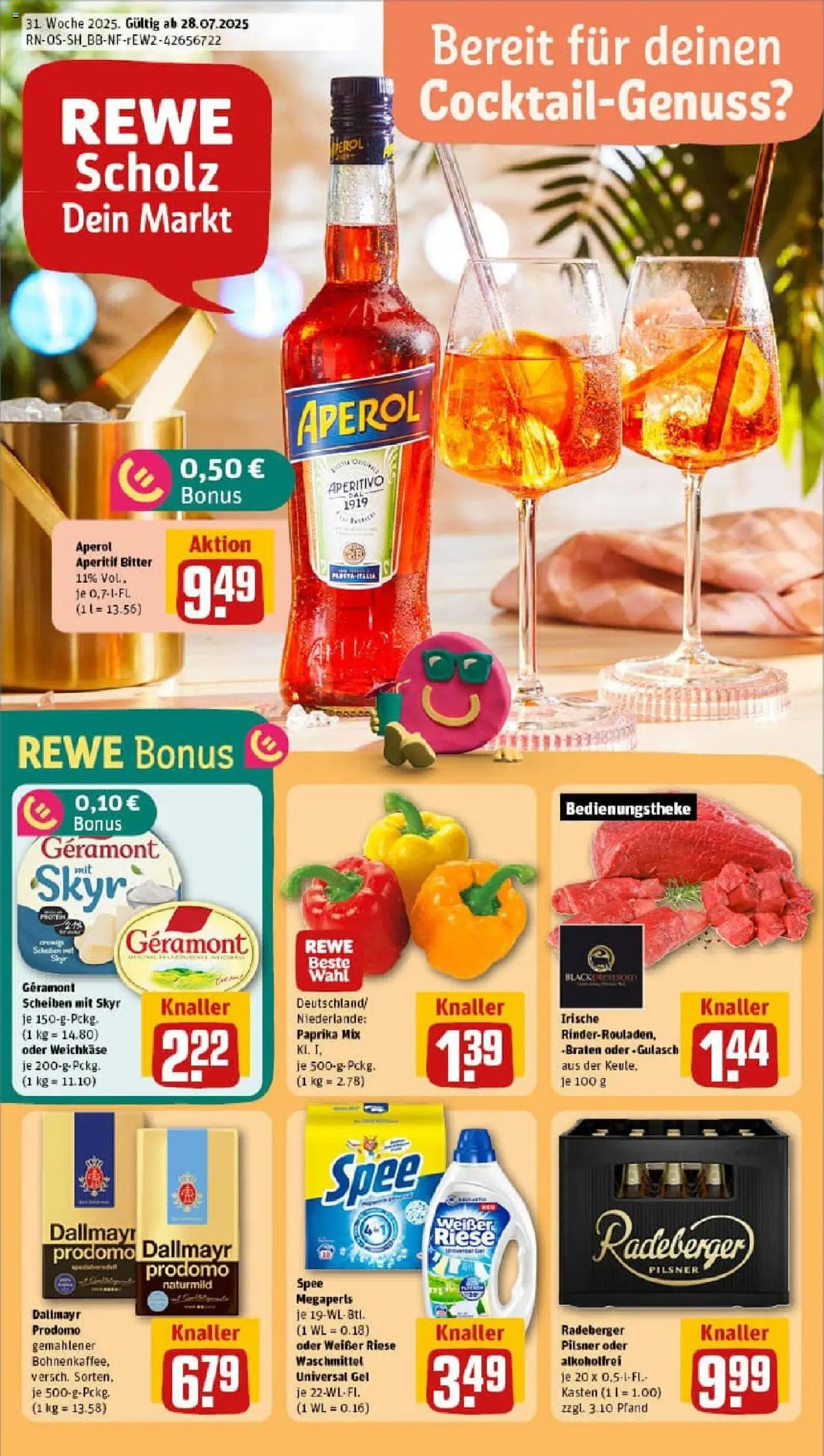 REWE Prospekt ab 27.07.2025 nächste Woche - Prospekt Plauen - Aperol, Gulasch, Spee, Dallmayr, Waschmittel, Dallmayr prodomo, Geramont, Radeberger pilsner