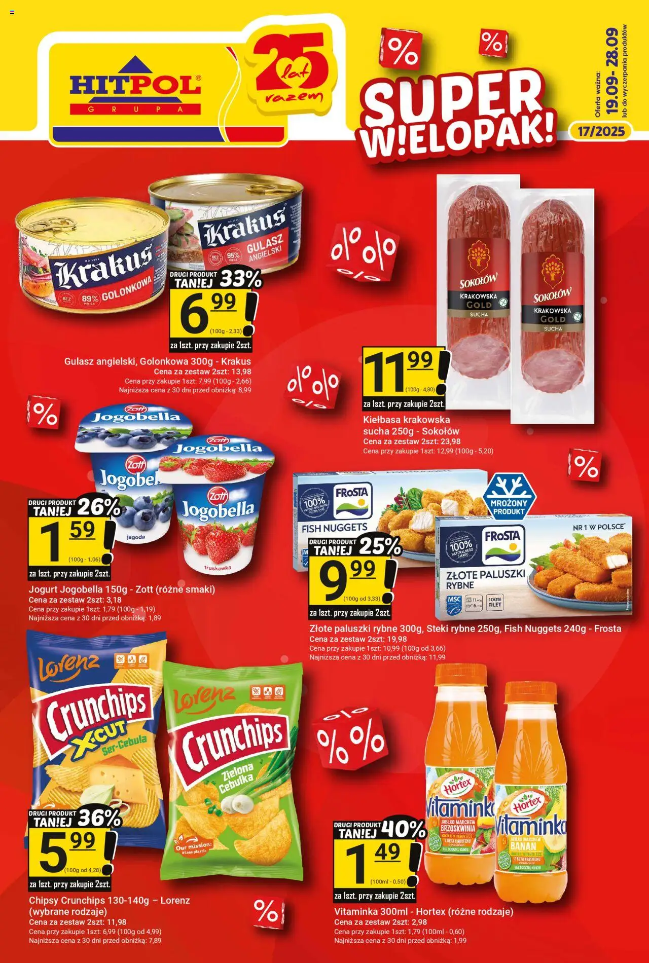 Pogląd gazetki "Gazetka" ze sklepu Hitpol ważnej od 19.09.2025 - Gulasz, Marchew, Steki, Paluszki, Jogurt, Nuggets, Kiełbasa krakowska, Gulasz angielski