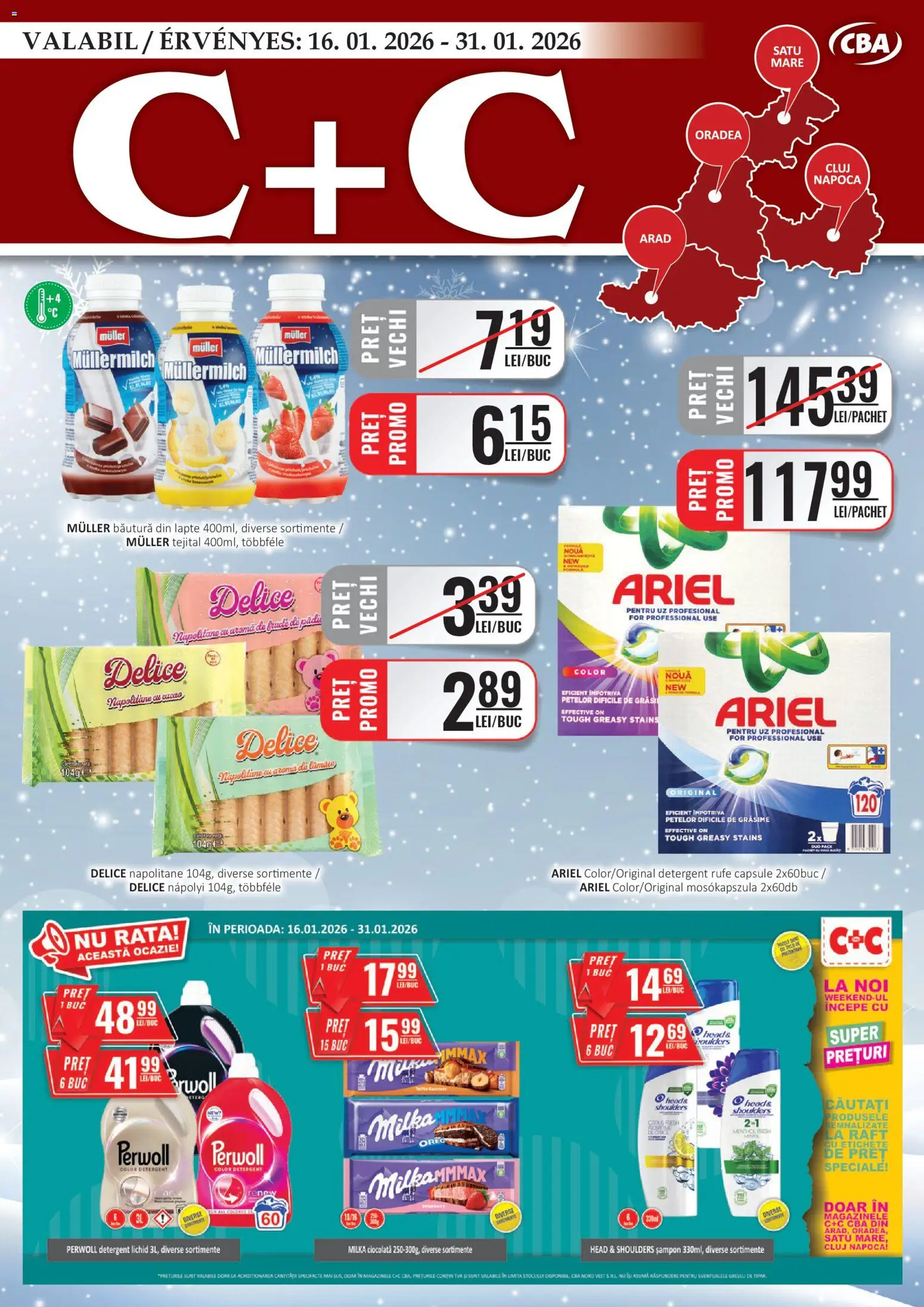 Previzualizarea de cataloage: CBA Catalog C+C valabil de la 16.01.2026 - Ciocolată, Șampon, Detergent Rufe, Raft, Lapte, Detergent, Pară, Napolitane