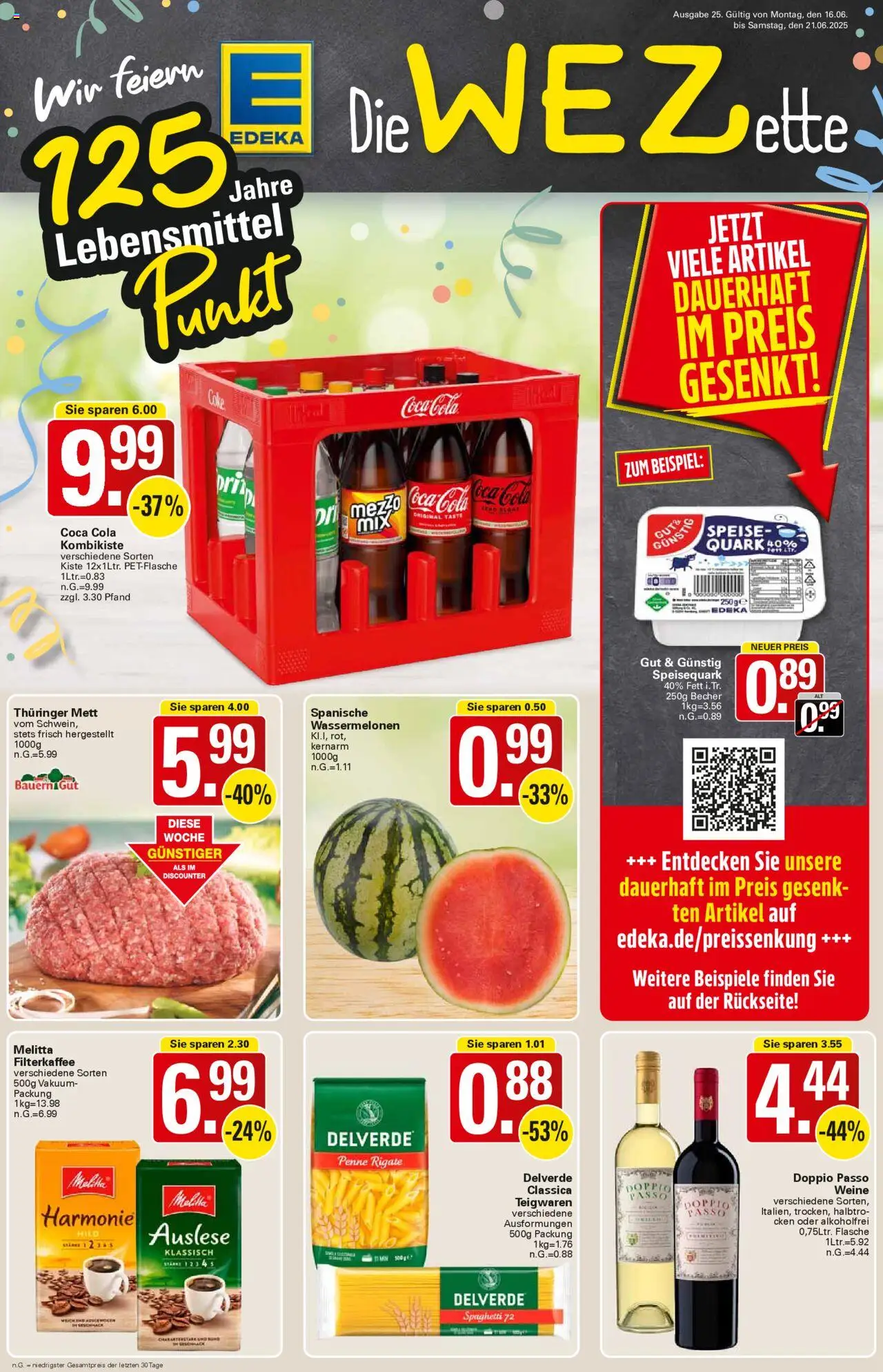 WEZ Prospekt (vom 16.06.2025 - 21.06.2025) - Pasta, Coca cola, Cola, Spaghetti, Quark, Melitta, Doppio Passo, Speisequark