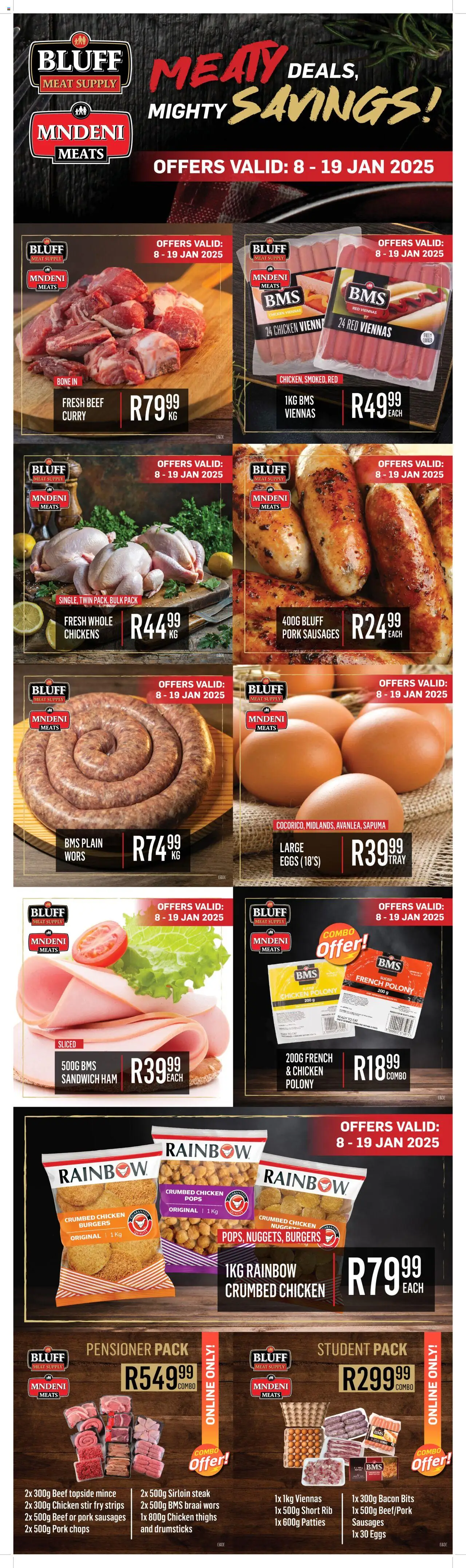 Preview of Bluff Meat Supply flyer valid from 08/01/2025 - Chicken, Burgers, Steak, Ham, Pork, Beef, Bacon, Polony