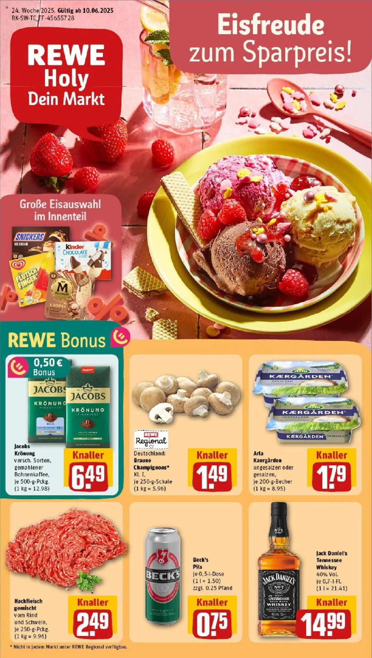 REWE Prospekt ab 08.06.2025 nächste Woche - Prospekt Ulm - Butter, Hackfleisch, Champignons, Snickers, Whiskey, Pils, Jack Daniel's