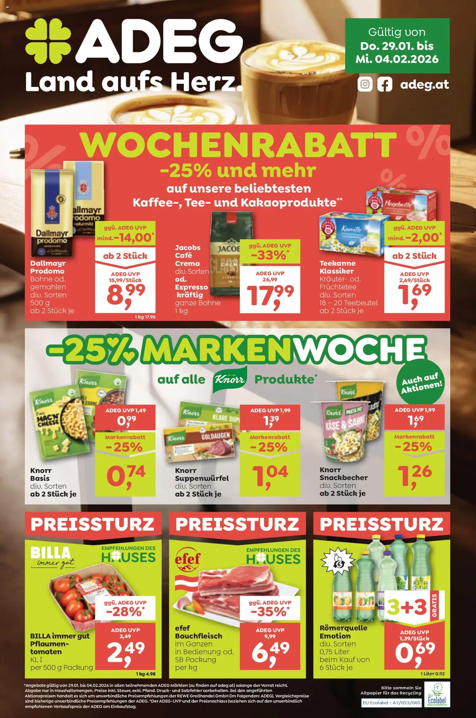 Vorschau der Angebote: ADEG Flugblatt gültig ab 29.01.2026 - Tee, Käse, Sahne, Tomaten, Bohne, Früchtetee