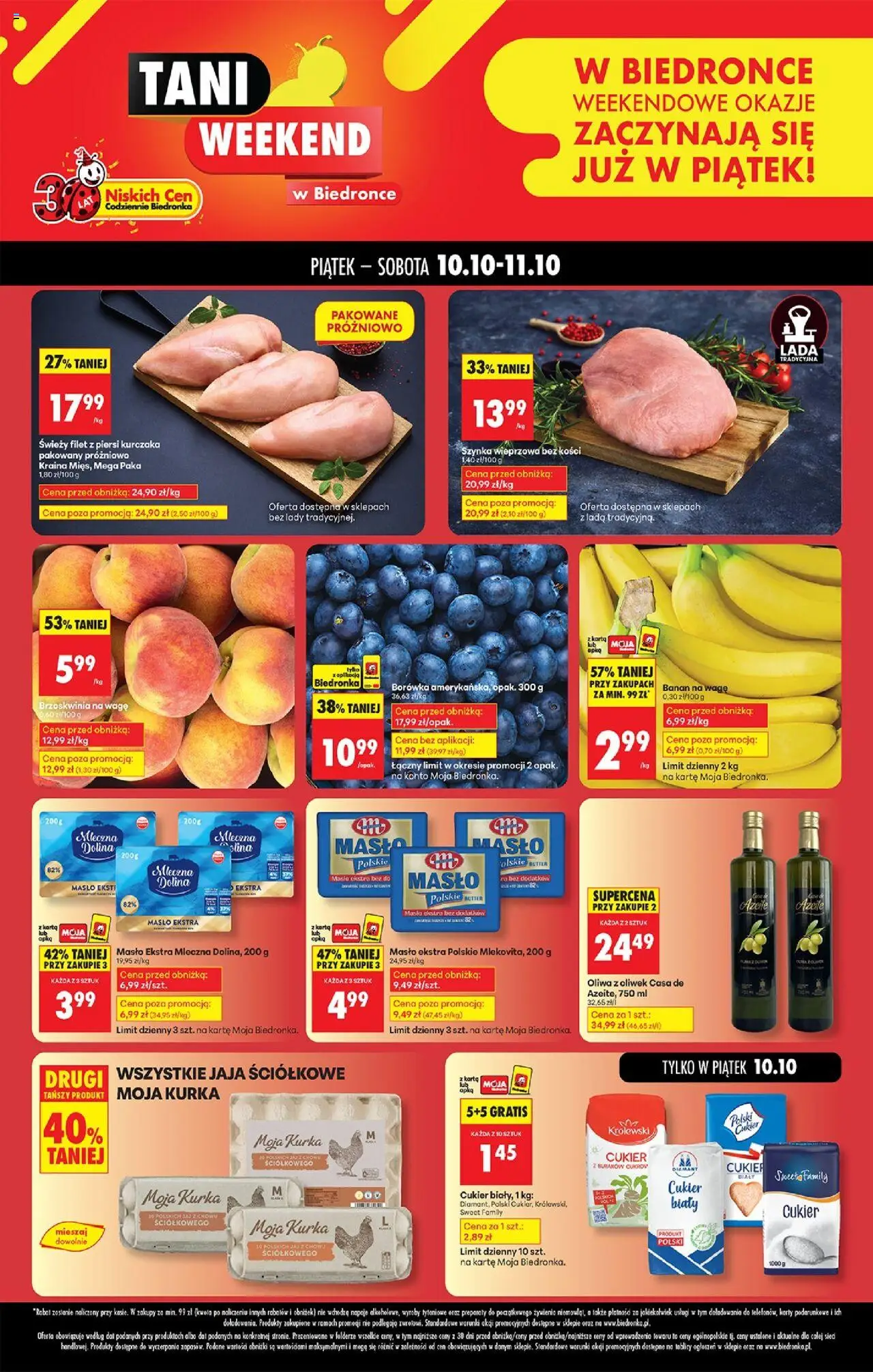 Pogląd gazetki "Tani weekend" ze sklepu Biedronka ważnej od 10.10.2025 - Banan, Brzoskwinia, Oliwa z oliwek, Piersi, Karta, Szynka, Filet z piersi kurczaka, Cukier biały