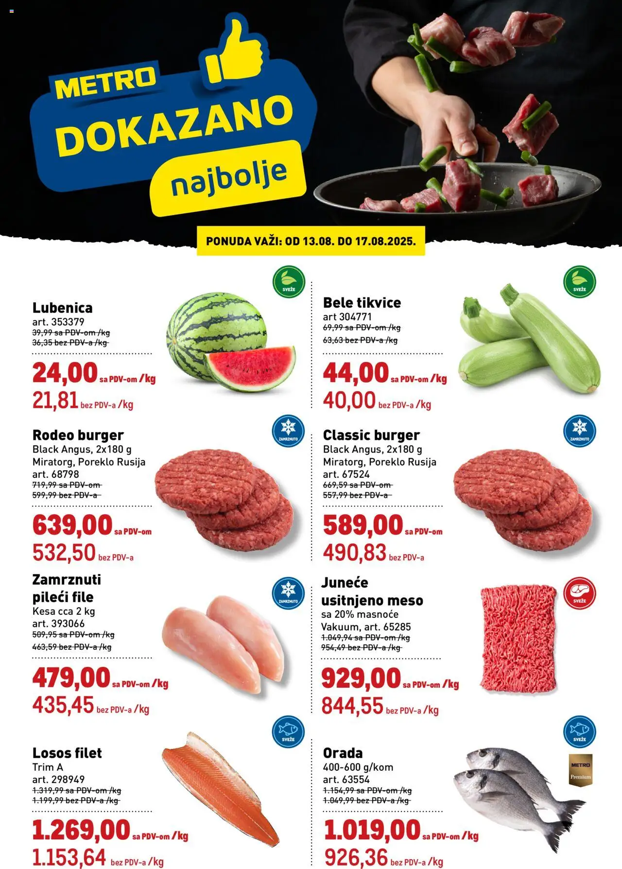 Metro katalog važi od 13.08.2025 - stranica 1 - Burger, Losos, Lubenica, Orada, Tikvice, Meso, Pileći file, Filet