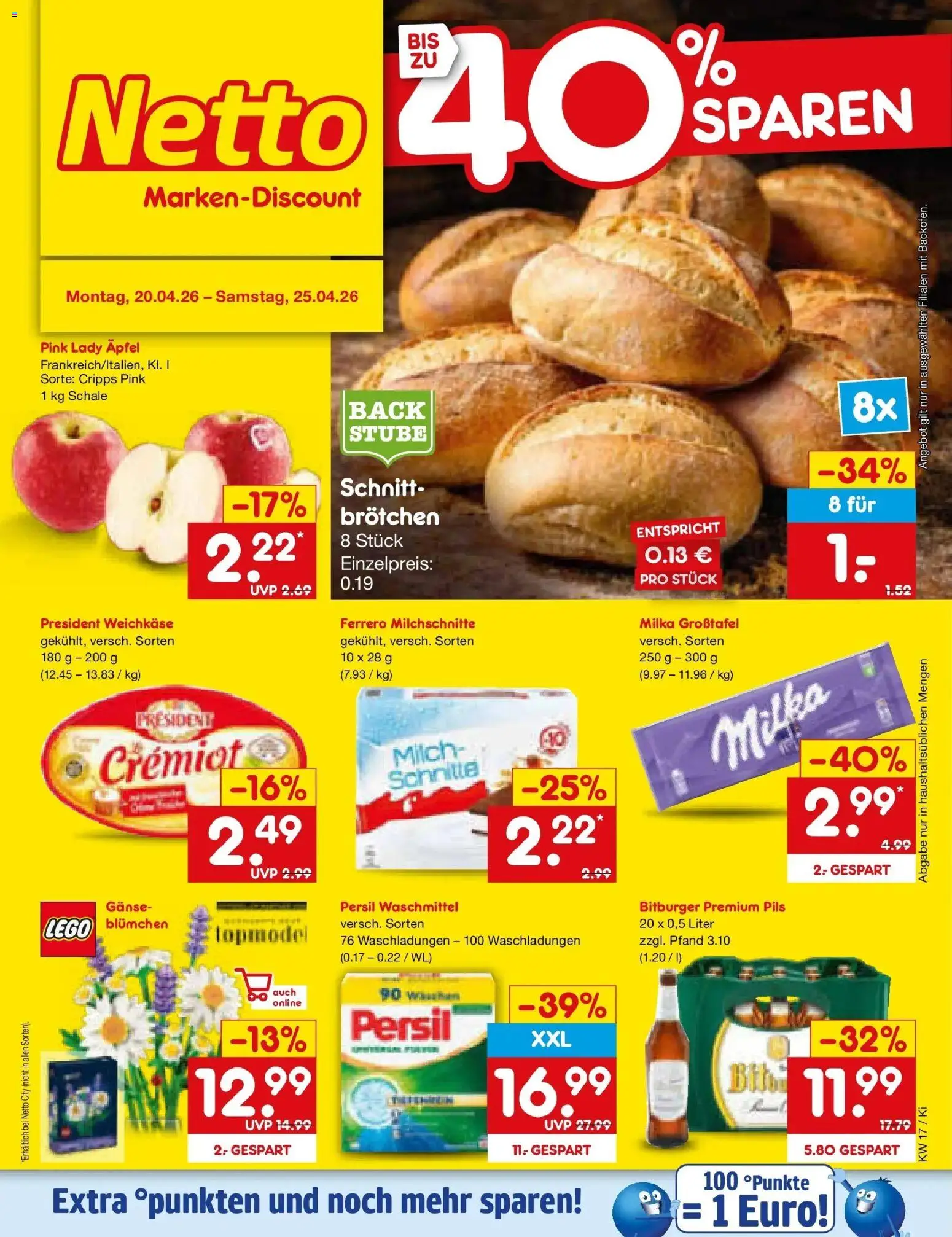 Vorschau von dem Prospekt des Geschäftes Netto Marken-Discount, gültig ab dem 20.04.2026 - Äpfel, Milch, Milka, Waschmittel, Bitburger, Persil, Pils, Ferrero milchschnitte