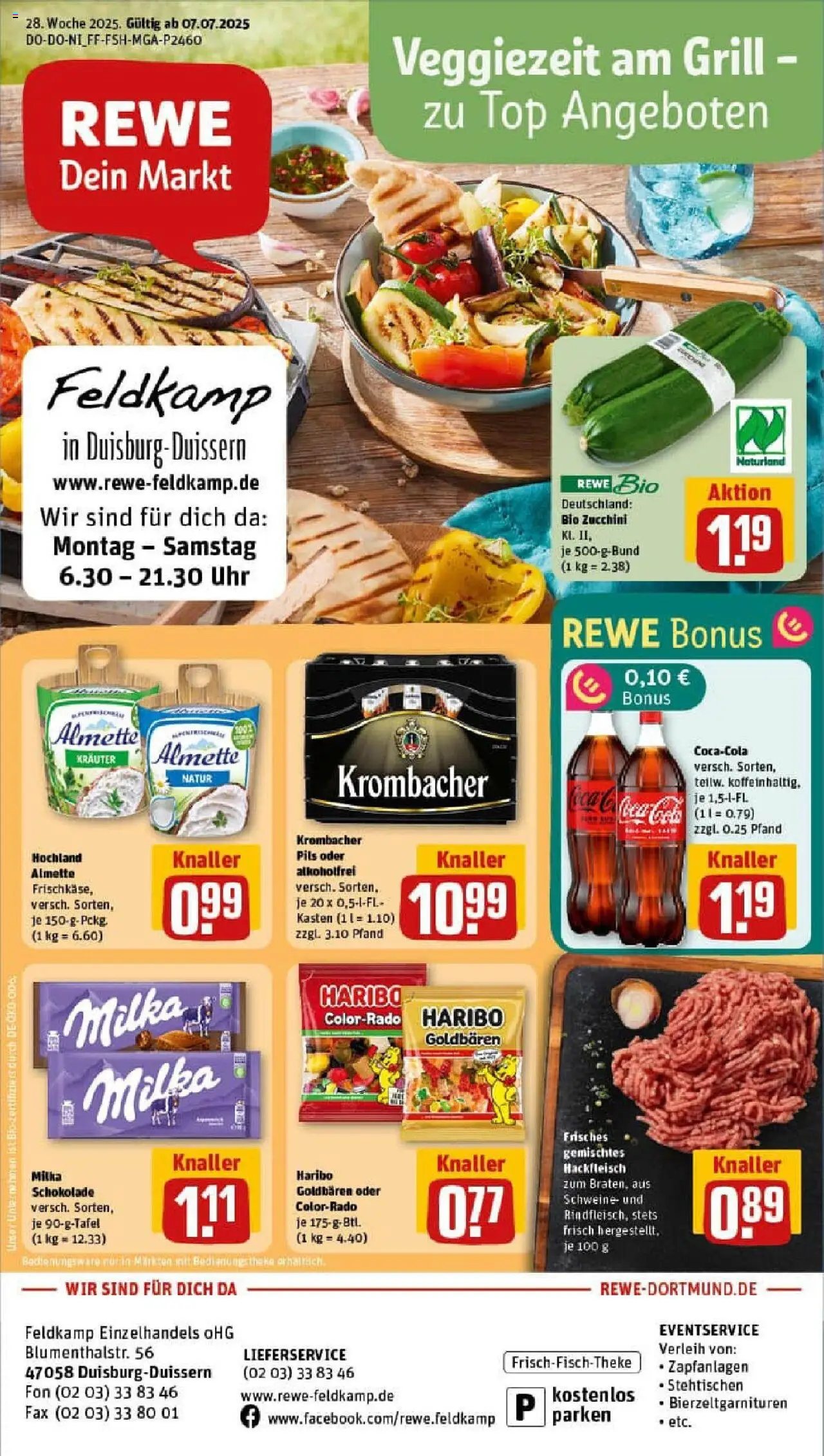 REWE Prospekt ab 06.07.2025 nächste Woche - Prospekt Duisburg / Duissern - Uhr, Schokolade, Zucchini, Top, Milka schokolade, Hackfleisch, Theke, Pils