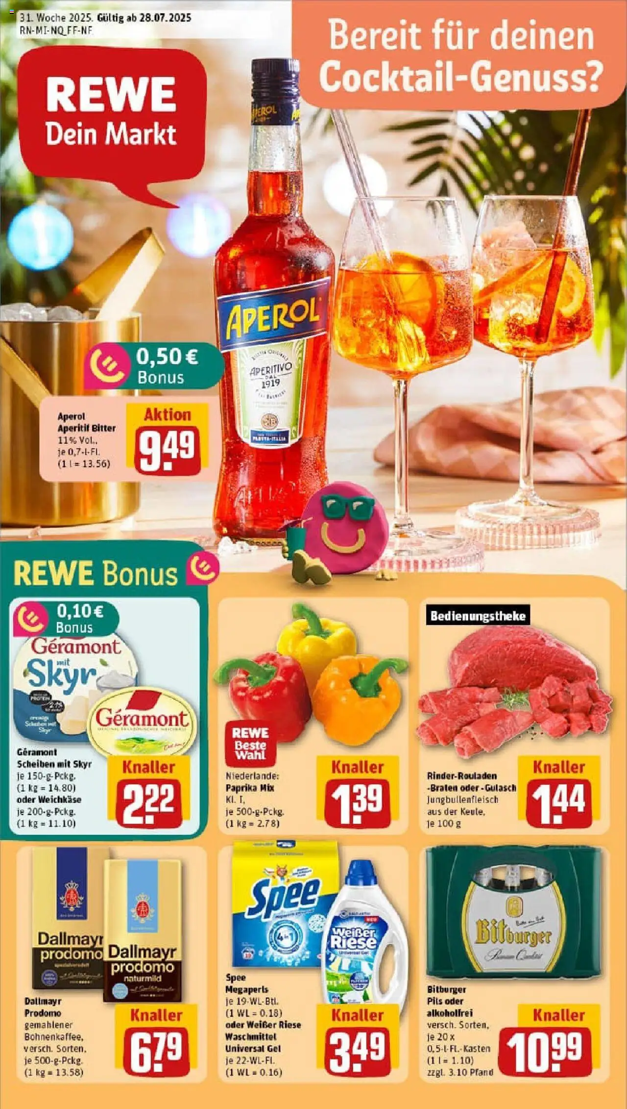 REWE Prospekt ab 27.07.2025 nächste Woche - Prospekt Felsberg - Gulasch, Skyr, Rinderrouladen, Waschmittel, Bitburger, Dallmayr prodomo, Geramont, Pils