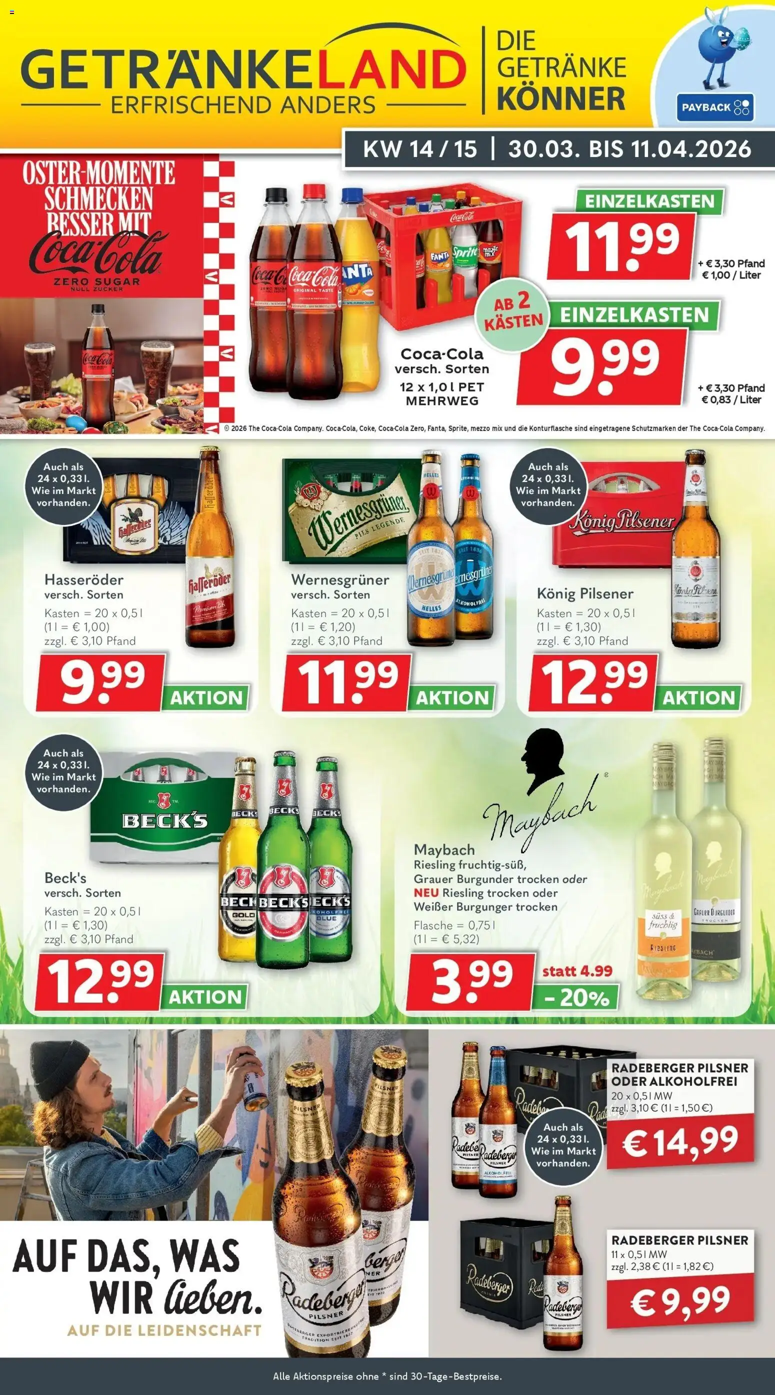 Vorschau von dem Prospekt des Geschäftes Getränkeland, gültig ab dem 30.03.2026 - Coca cola, Fanta, Sprite, Mezzo mix, Hasseröder, Wernesgruner, Radeberger pilsner, Konig pilsener