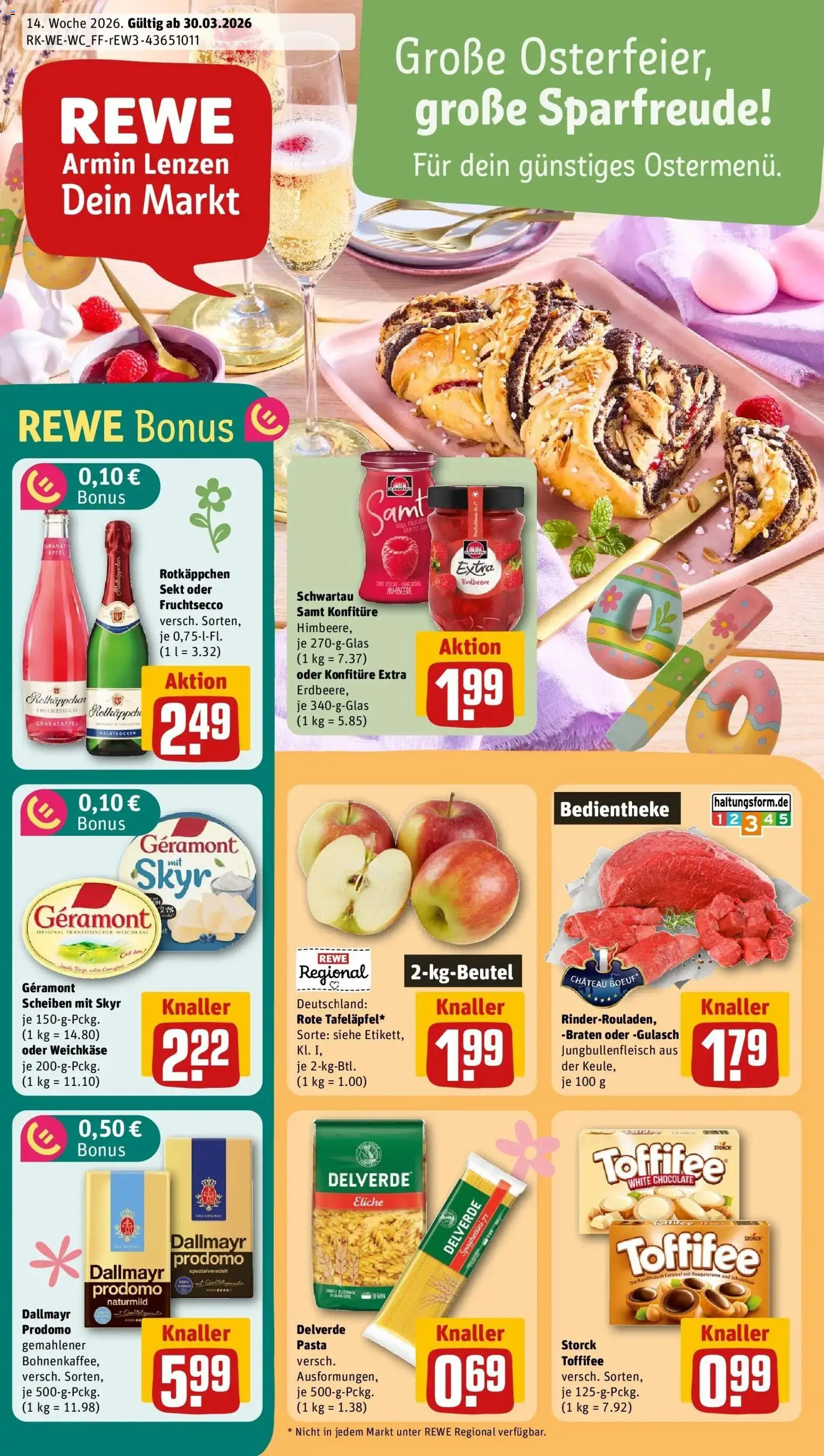 Vorschau von dem Prospekt des Geschäftes Rewe, gültig ab dem 30.03.2026 - Pasta, Gulasch, Granatapfel, Himbeere, Rotkäppchen, Dallmayr, Dallmayr prodomo, Geramont