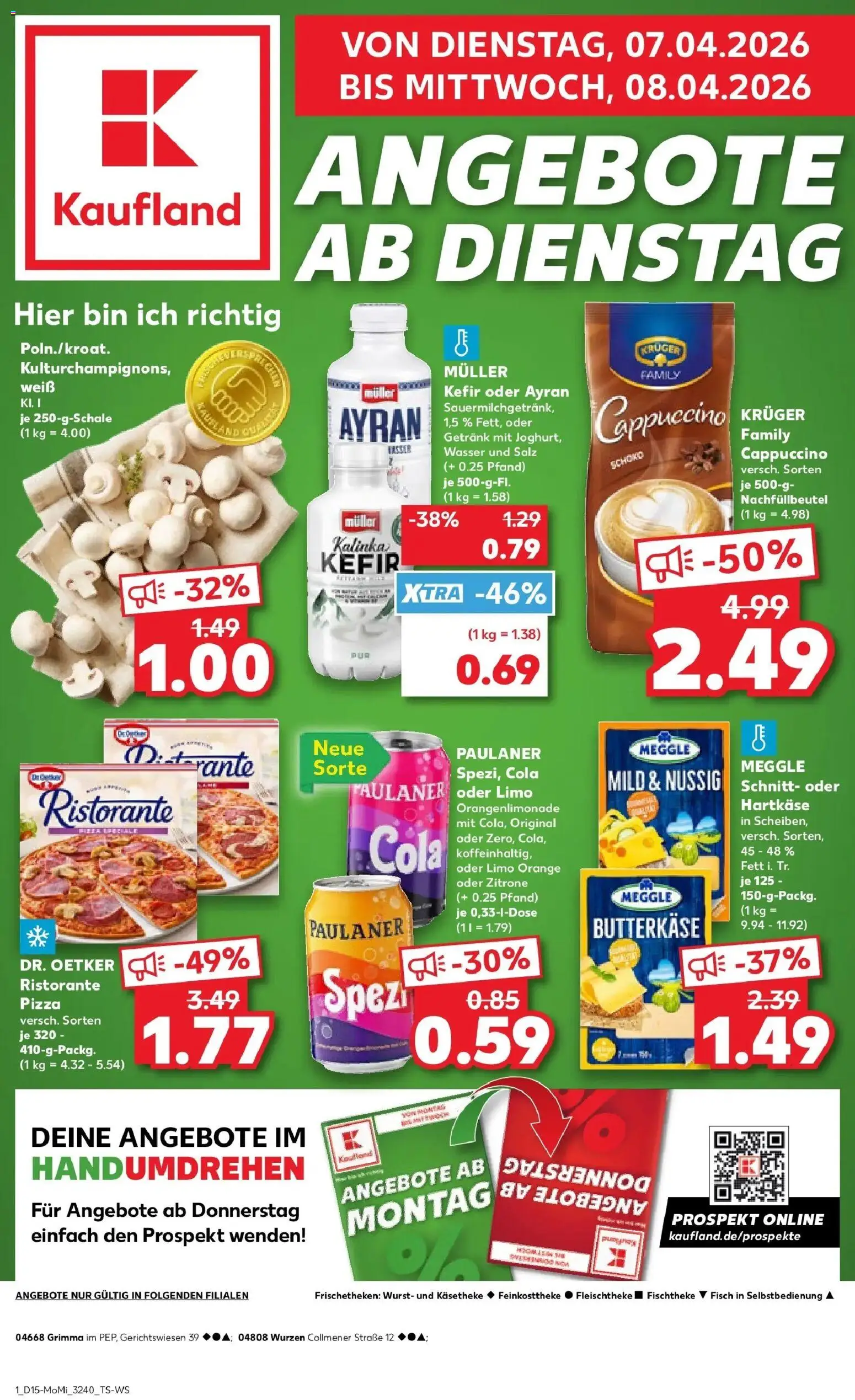 Vorschau von dem Prospekt des Geschäftes Kaufland, gültig ab dem 07.04.2026 - Pizza, Wasser, Fisch, Wurst, Kefir, Zitrone, Salz, Kruger cappuccino