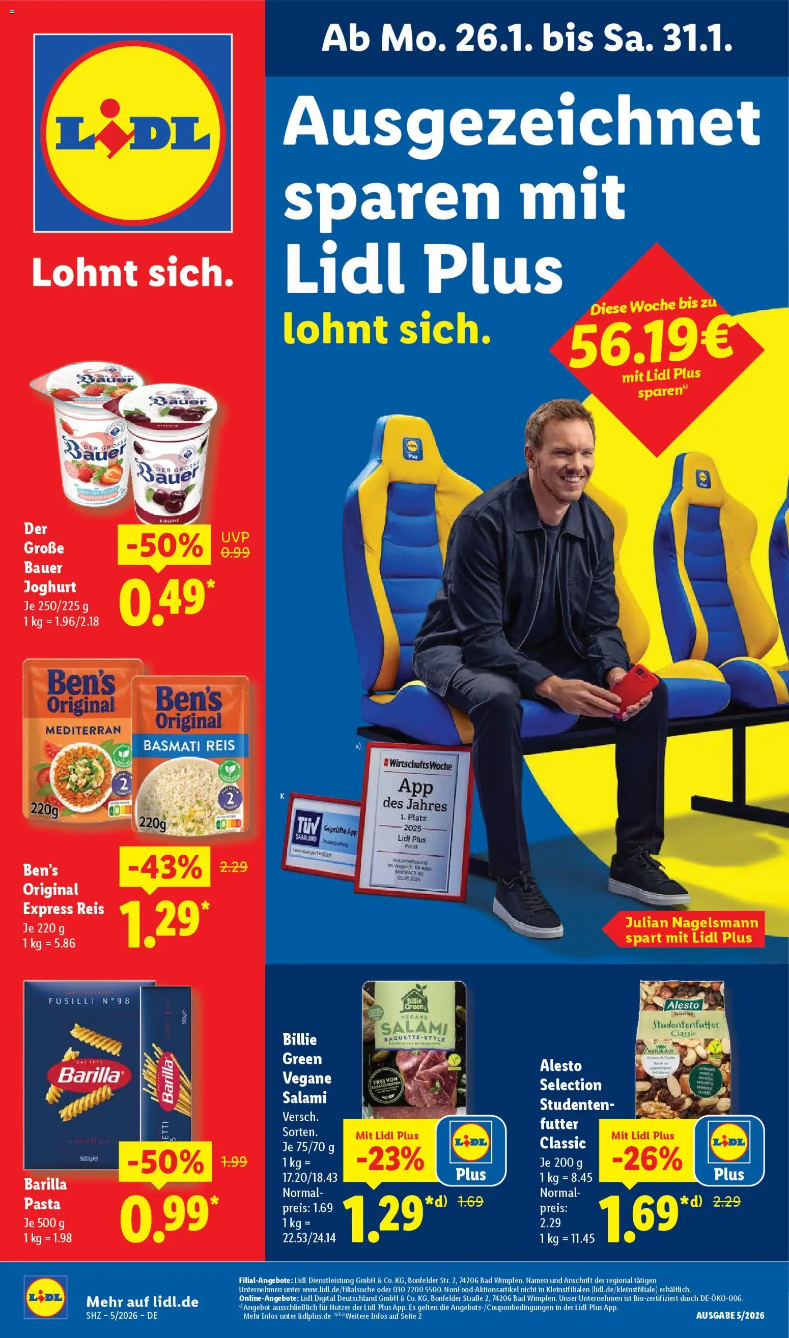 Vorschau von dem Prospekt des Geschäftes Lidl, gültig ab dem 26.01.2026 - Pasta, Bad, Joghurt, Baguette, Reis, Salami, Barilla, Bauer joghurt