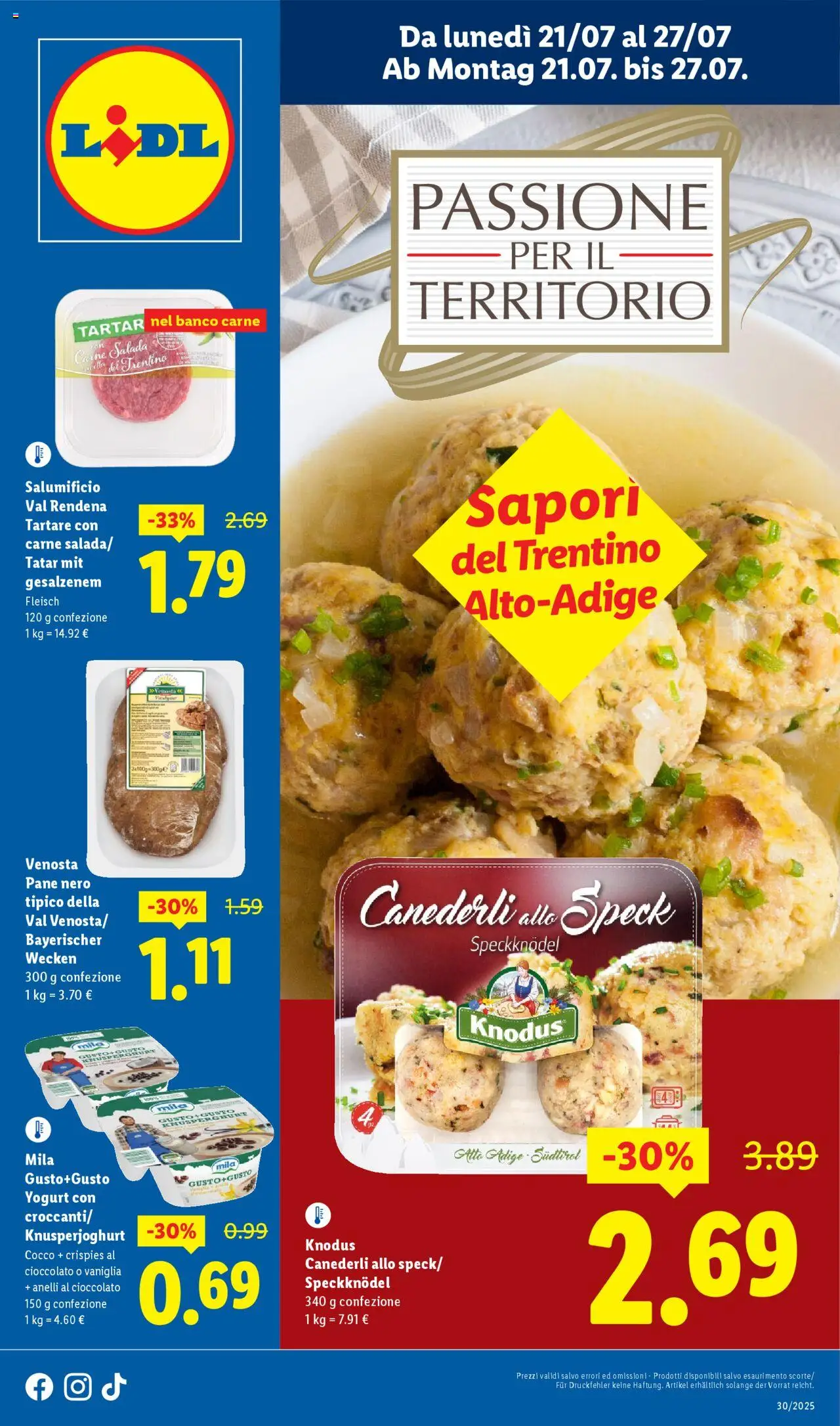 Volantino Lidl valido da 21/07/2025 numero di pagina 1 - Speck, Vaniglia, Yogurt, Pane, Cioccolato, Cocco, Carne