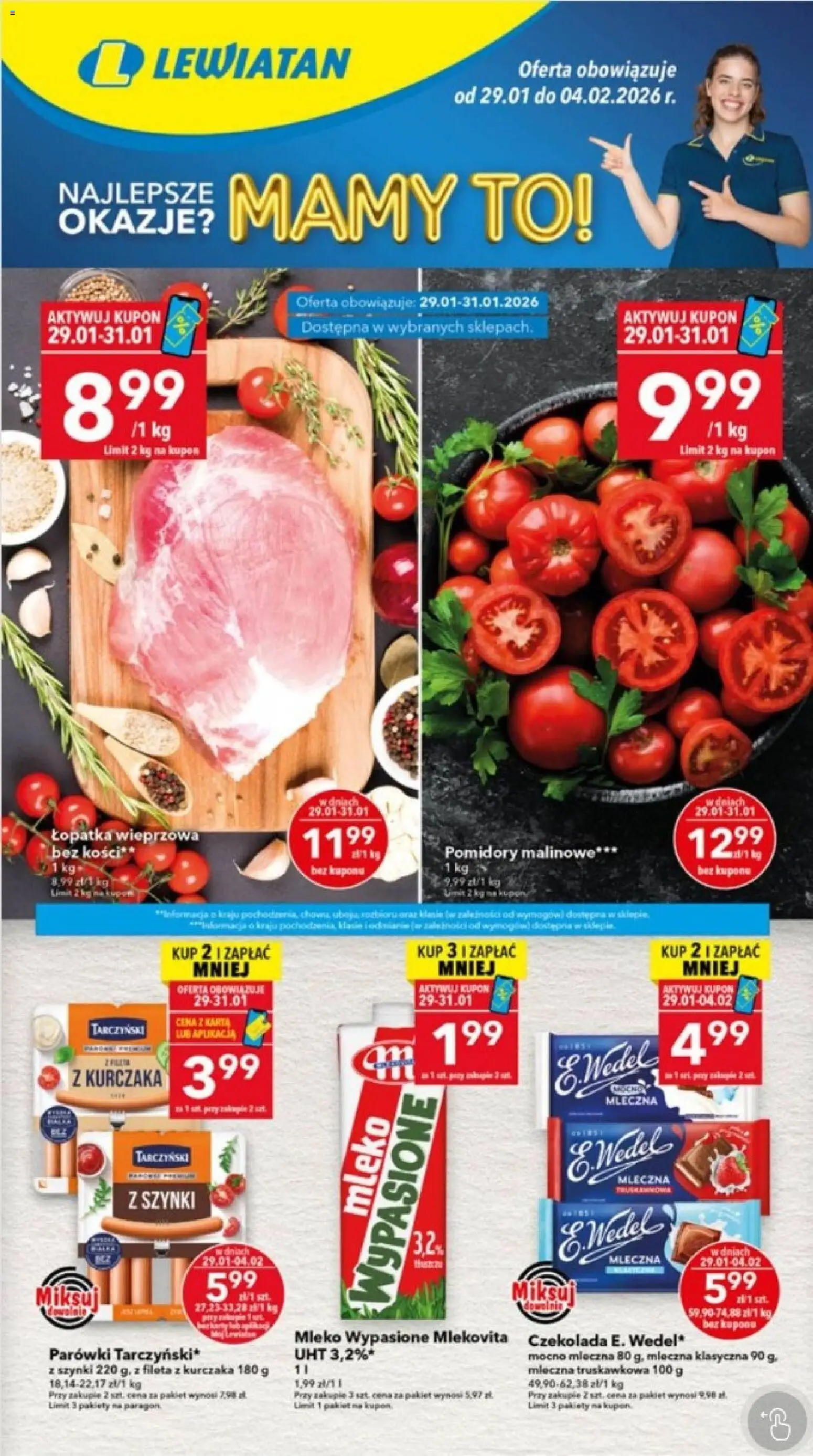 Pogląd gazetki "Ostrów Wielkopolski" ze sklepu Lewiatan ważnej od 29.01.2026 - Mleko, Czekolada, Karta, Dove, Parówki, Pomidory malinowe, Mleko wypasione, Łopatka wieprzowa bez kości