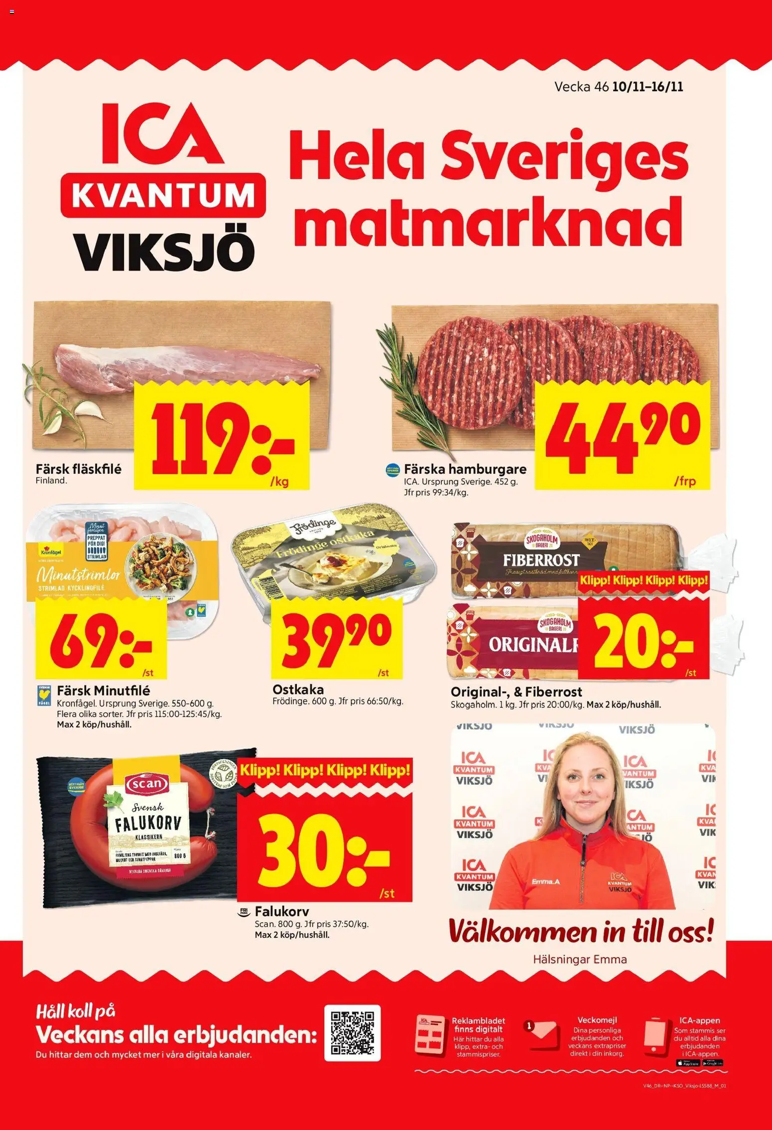 Förhandsgranska reklamblad Järfälla från butik ICA Kvantum gäller från 10/11/2025 - Bageri, Hamburgare, Falukorv, Ostkaka, Kycklingfile, Häll, Fläskfilé