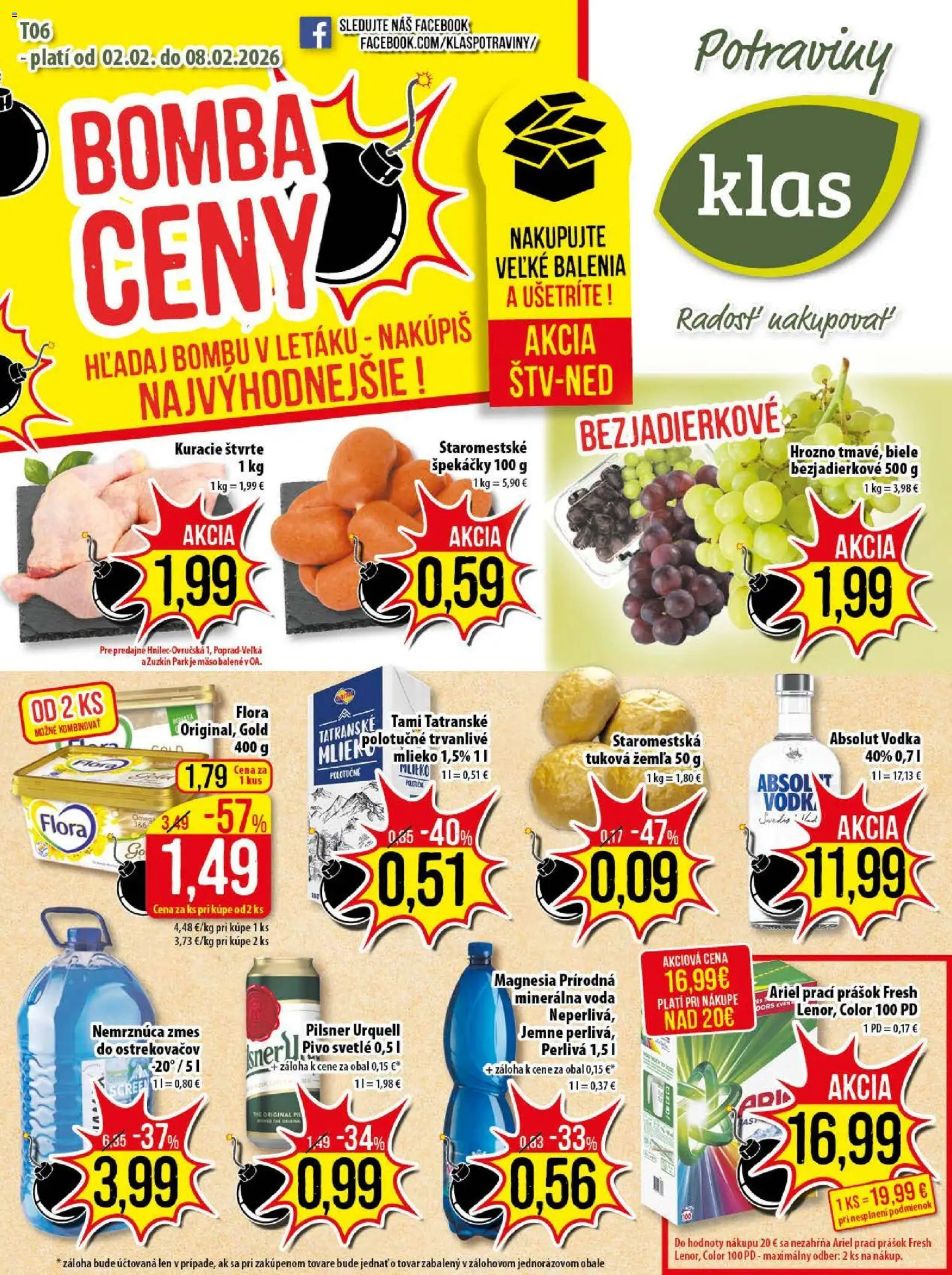 Náhľad Klas letáku platného od 02.02.2026 - Mäso, Voda, Pilsner Urquell, Vodka, Ariel, Flora, Prací prášok, Kuracie štvrte