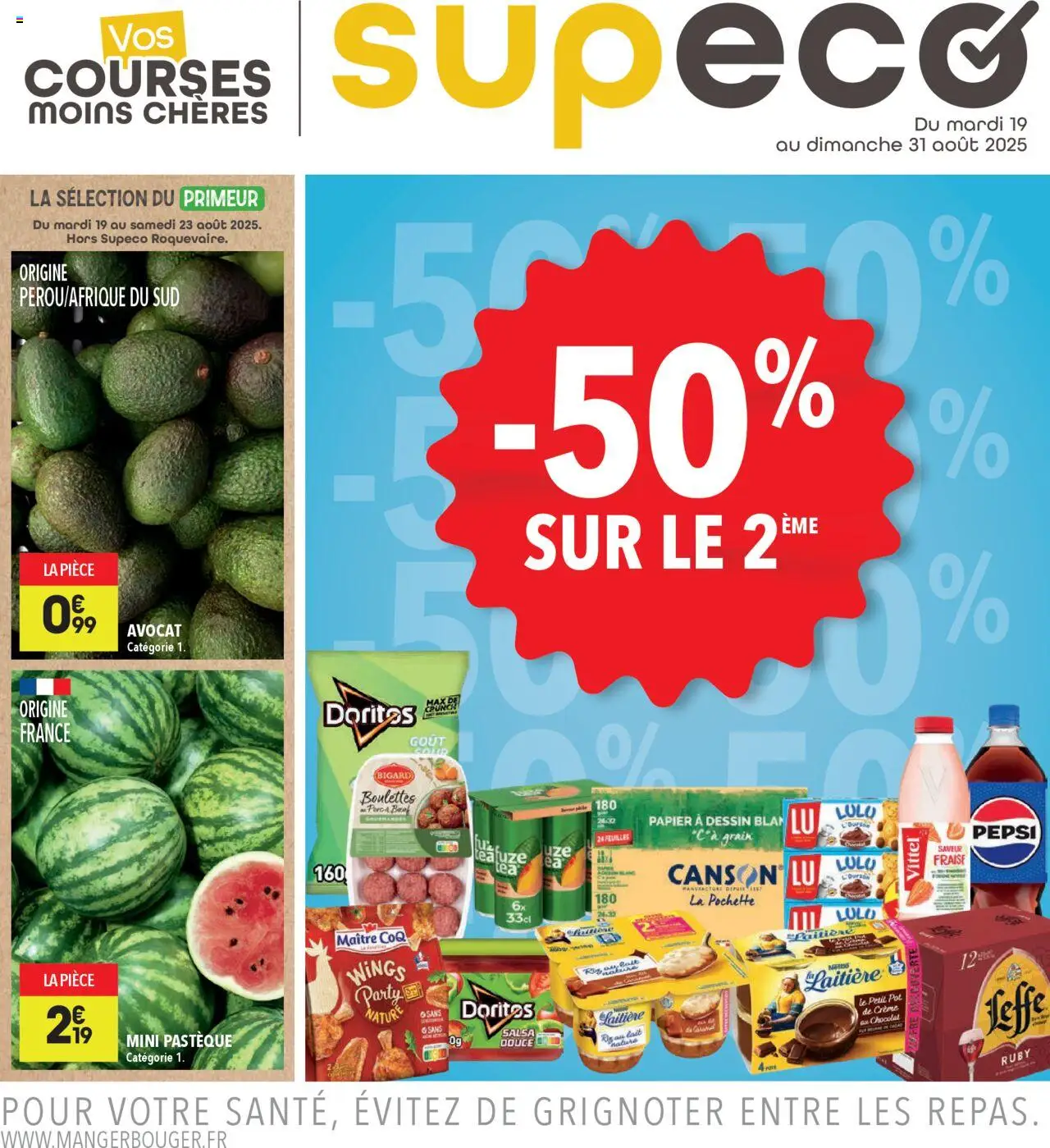 Catalogue de la boutique Supeco valable du 19/08/2025 - Page numéro 1 - Chocolat, Avocat, Fraise, Pastèque, Vittel, Riz, Coq, Pepsi