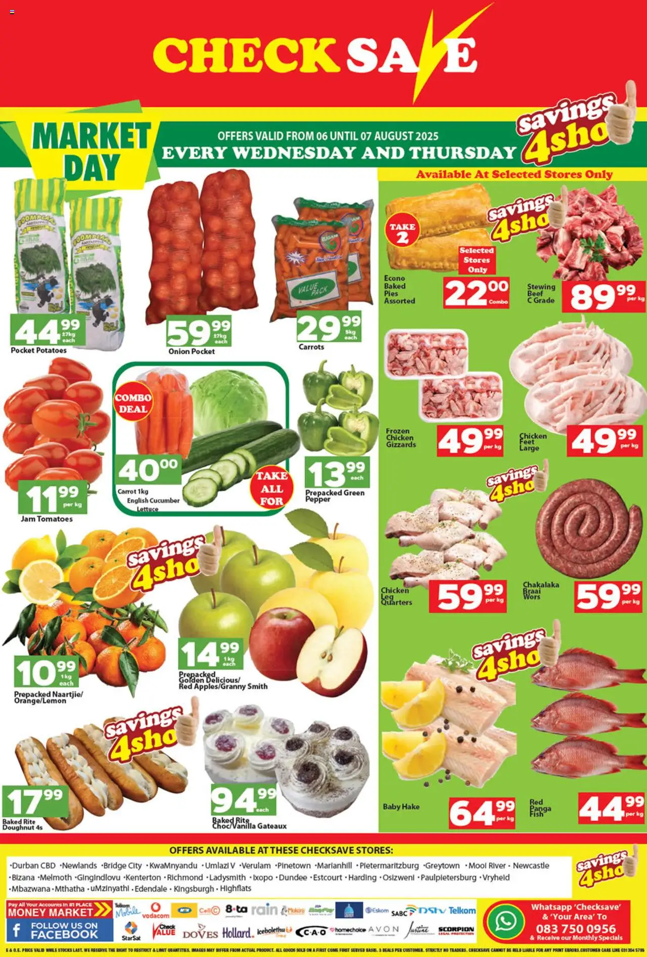 Check Save Market Day from 06/08 - 07/08/2025 > Promotions - Fish, Chicken, Jam, Peach, Tomatoes, Carrots, Beef, Frozen chicken