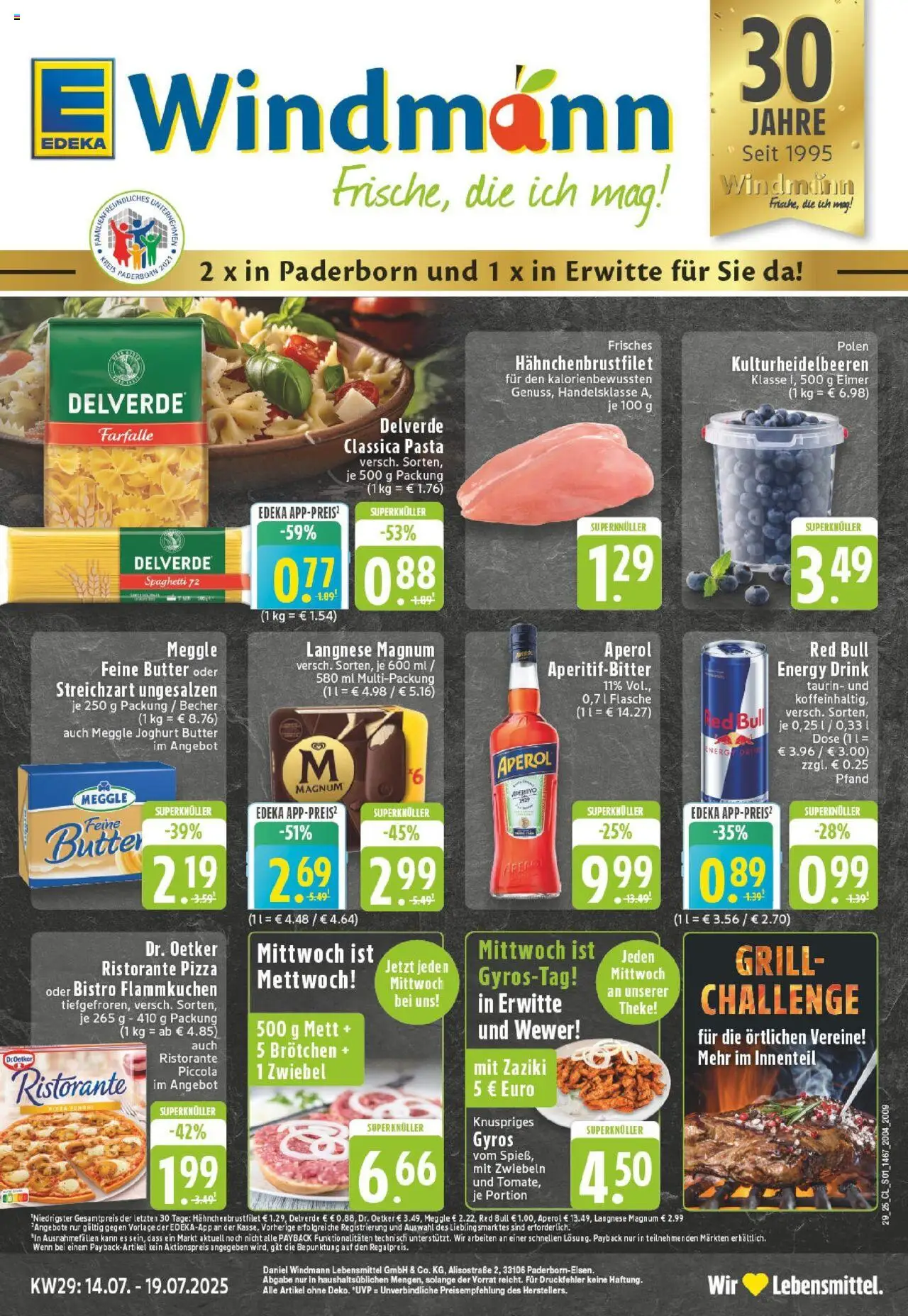 EDEKA Prospekt ab 13.07.2025 - Prospekt Erwitte Online - Butter, Pasta, Aperol, Grill, Joghurt, Spaghetti, Energy, Langnese