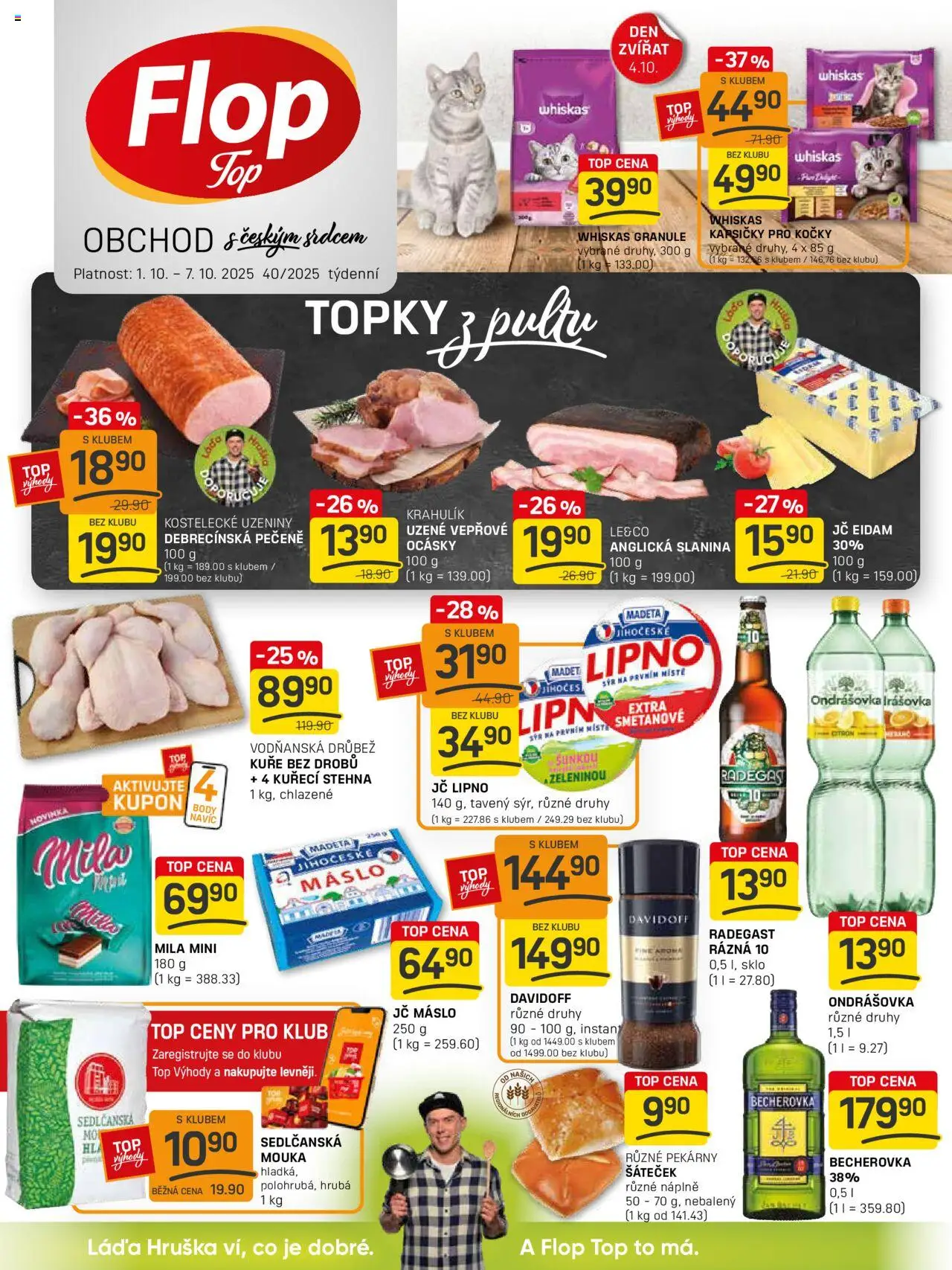  Flop Leták - FlopTop (01.10.2025 - 07.10.2025) - Máslo, Mouka, Mila, Slanina, Granule, Drůbež, Whiskas granule, Anglická slanina