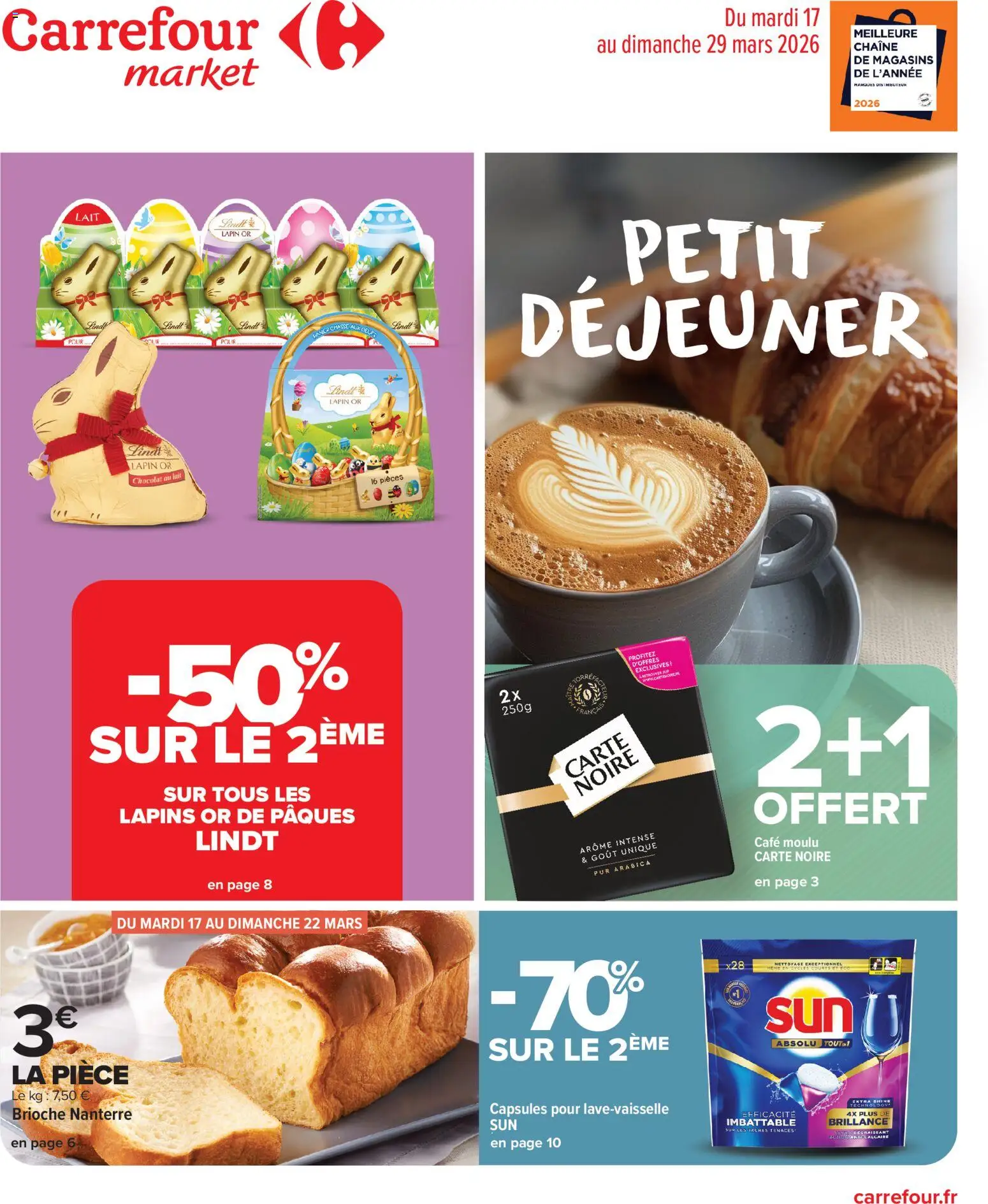 Prévisualisation de Carrefour Market Petit déjeuner du magasin Carrefour Market formulaire valide 17/03/2026 - Lapin, Œufs, Lindt, Brioche, Lait, Café moulu, Carte Noire, Chocolat au lait