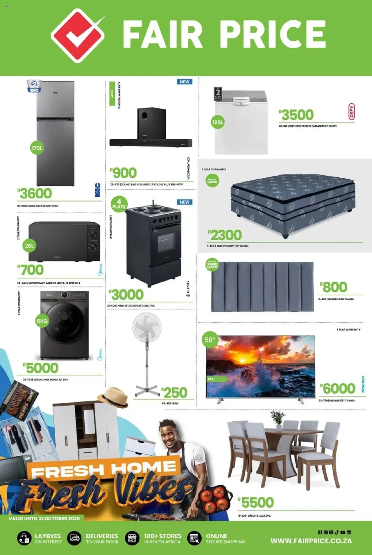 Preview of Fair Price flyer valid from 01/10/2025 - Fridge, Microwave, TV, Mirror, Stove, Freezer, Plate, Audio