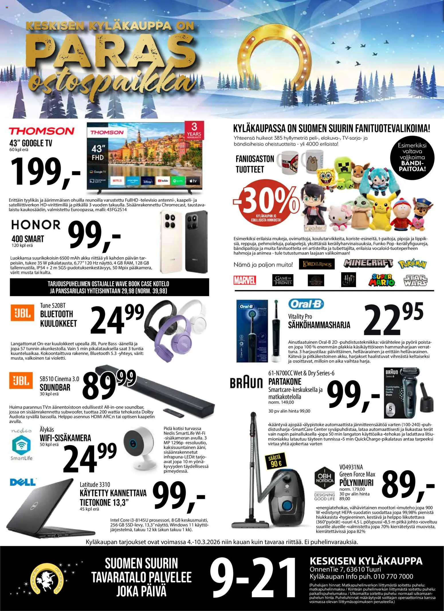 Kaupan Tuuri Tuuri tarjoukset esikatselu, voimassa 04/03/2026 - TV, Televisio, Tietokone, Kuulokkeet, Akku, Soundbar, Partakone, Kaapeli