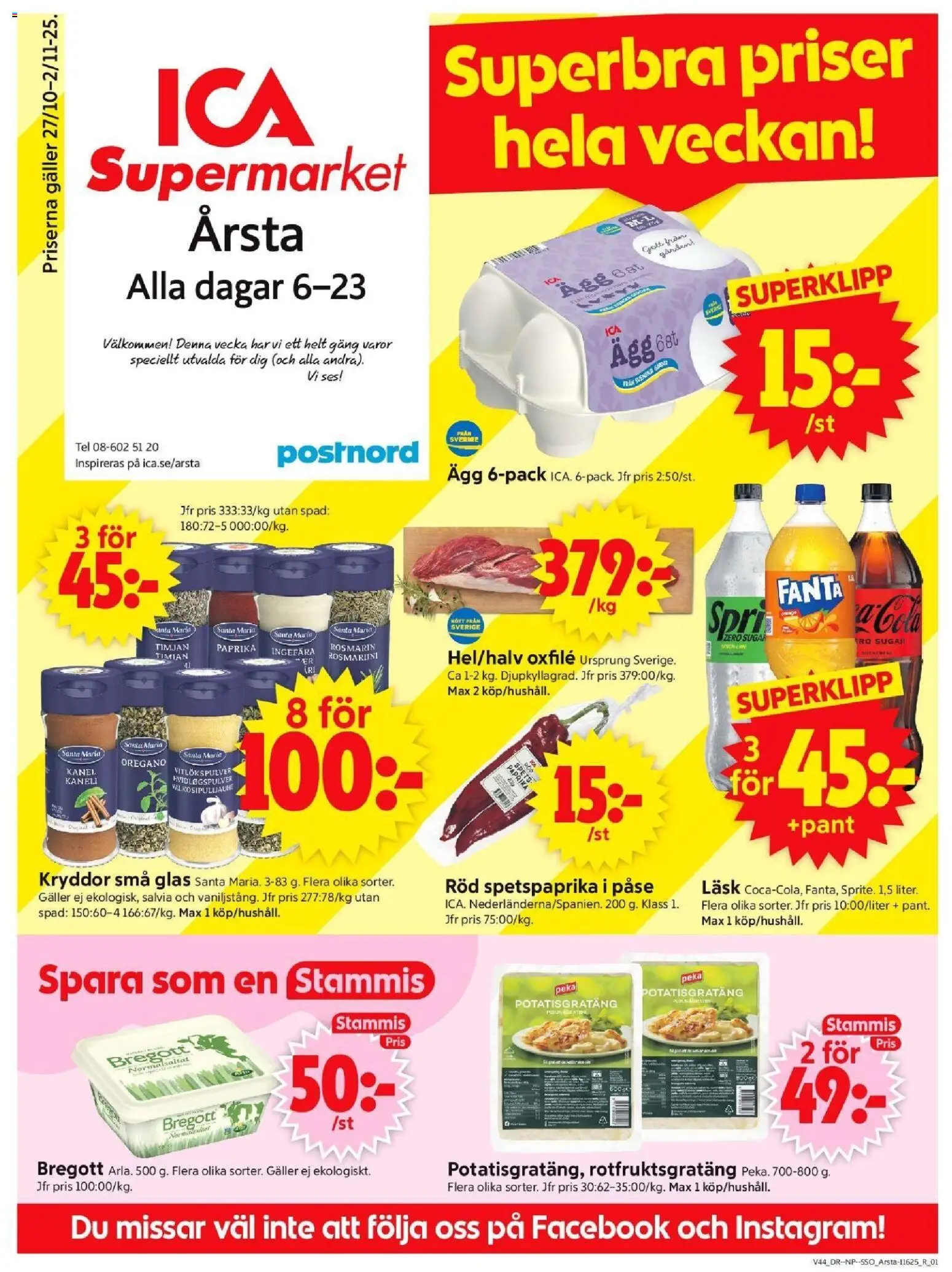 Årsta är giltig 27/10 2025 > Veckans Erbjudanden gäller från 27/10/2025 till 02/11/2025 sidnummer 1 - Glas, Potatisgratäng, Ägg, Bregott, Ingefära, Galler, Frö, Oxfilé