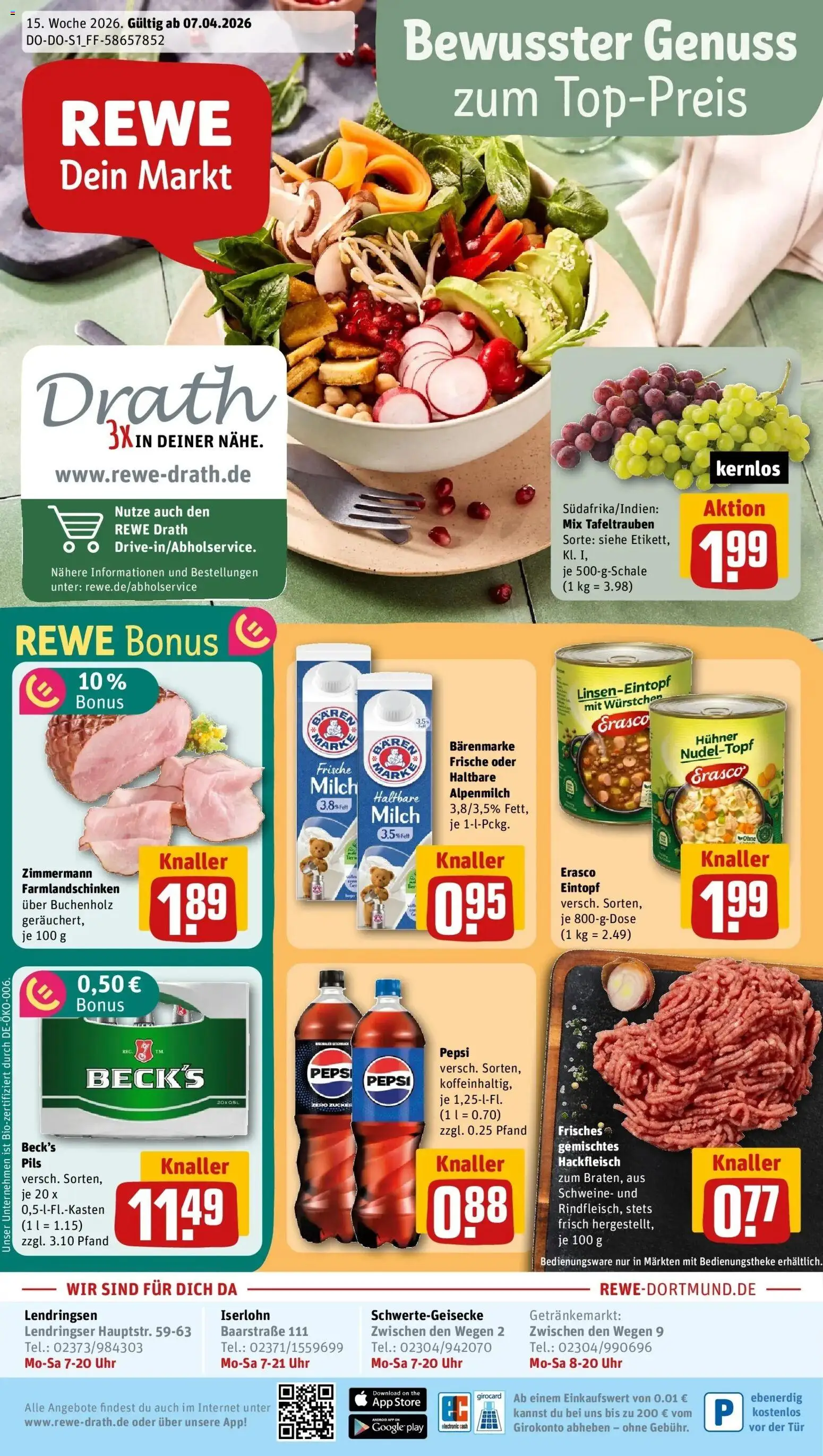 Vorschau von dem Prospekt des Geschäftes Rewe, gültig ab dem 05.04.2026 - Uhr, Milch, Hackfleisch, Tür, Zucker, Pepsi, Haltbare milch, Erasco