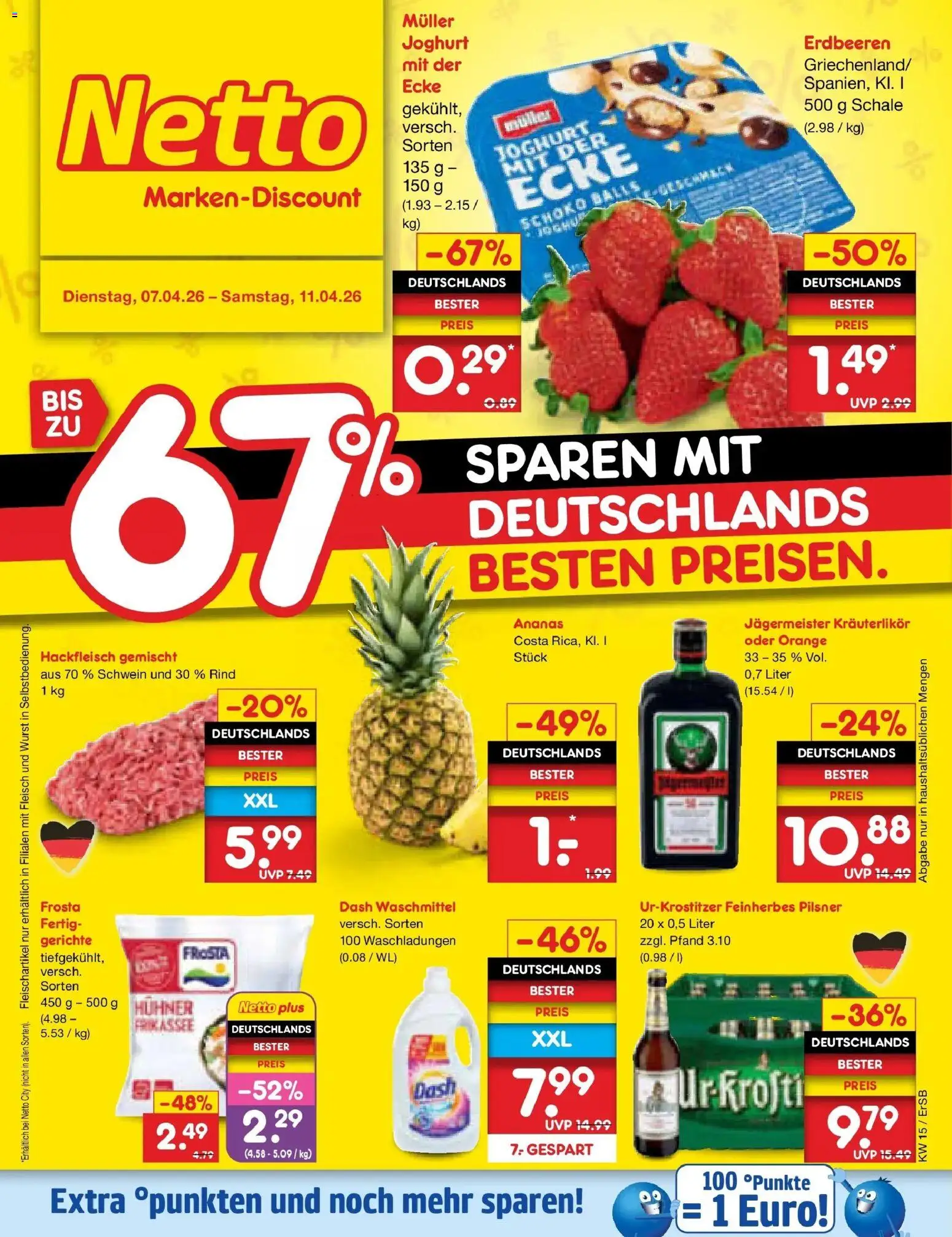 Vorschau von dem Prospekt des Geschäftes Netto Marken-Discount, gültig ab dem 07.04.2026 - Gerichte, Wurst, Joghurt, Jägermeister, Ananas, Hackfleisch, Frosta, Waschmittel