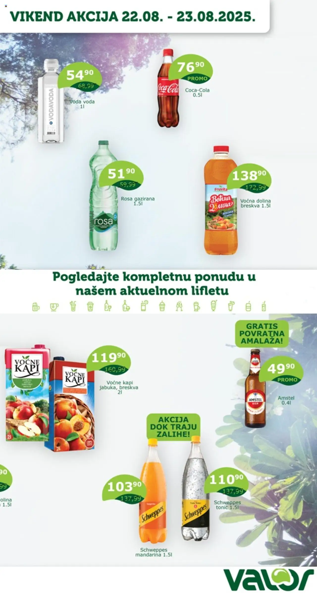 Valor katalog važi od 22.08.2025 - stranica 1 - Coca Cola, Voda, Schweppes, Breskva, Fruvita, Amstel, Schweppes Tonic, Tonic
