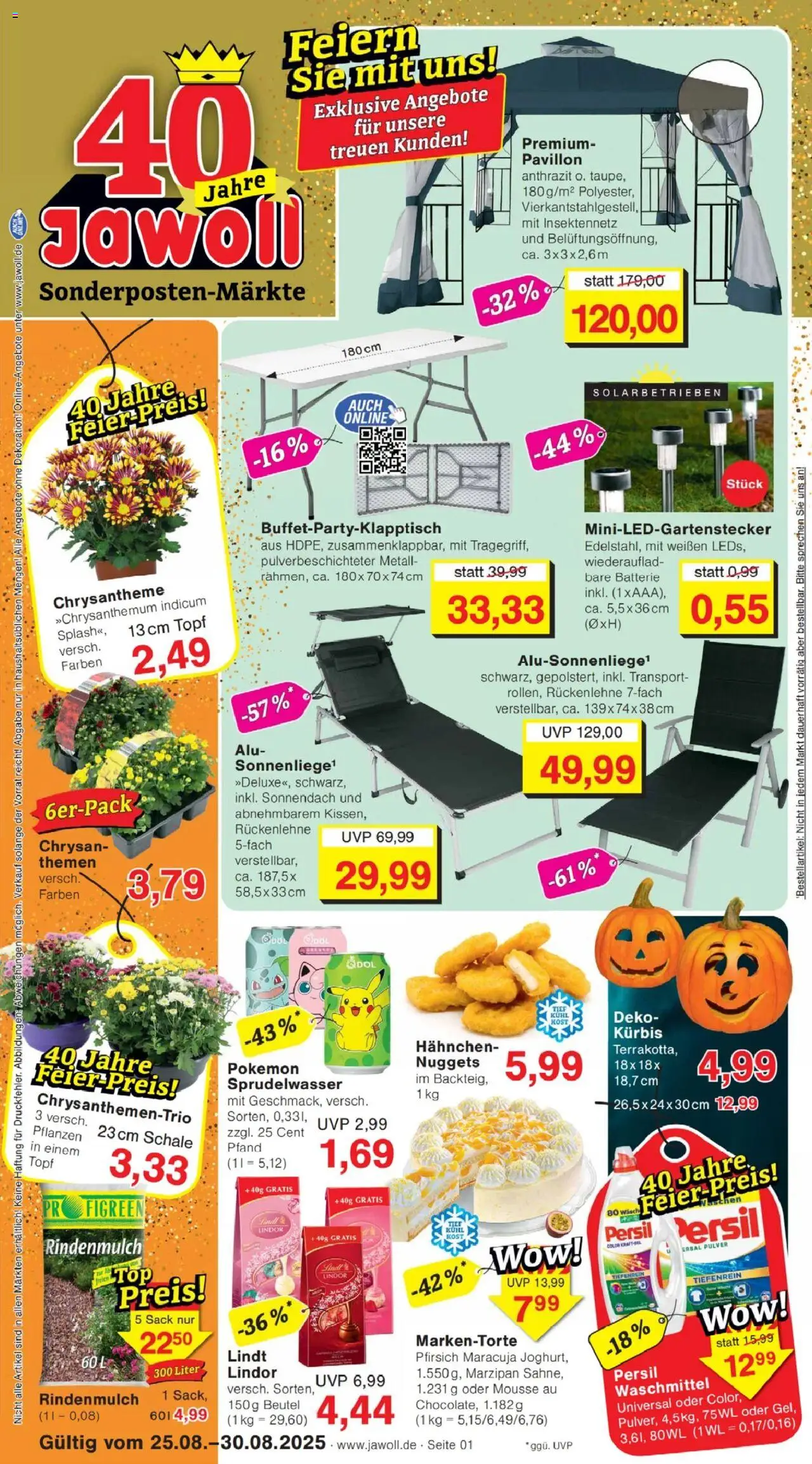 Jawoll Prospekt (vom 25.08.2025 - 30.08.2025) - Lindt, Batterie, Kürbis, Rindenmulch, Pfirsich, Waschmittel, Lindor, Hahnchen