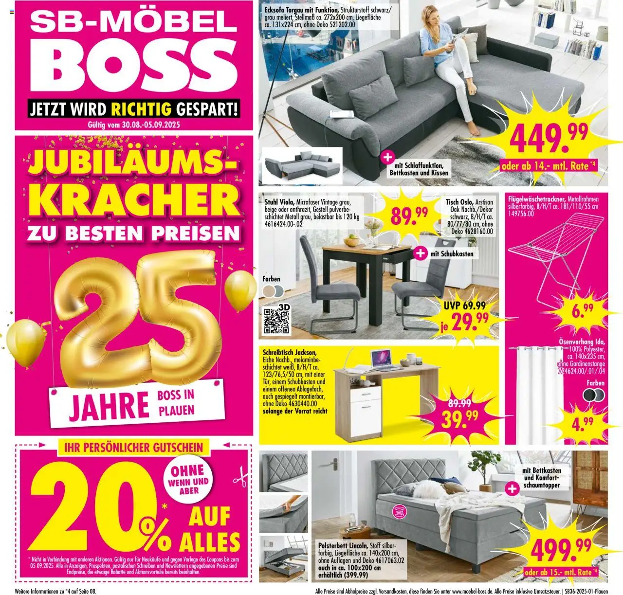 SB Möbel Boss Prospekt Plauen (vom 30.08.2025 - 05.09.2025) - Ecksofa, Kissen, Stuhl, Tisch, Polsterbett
