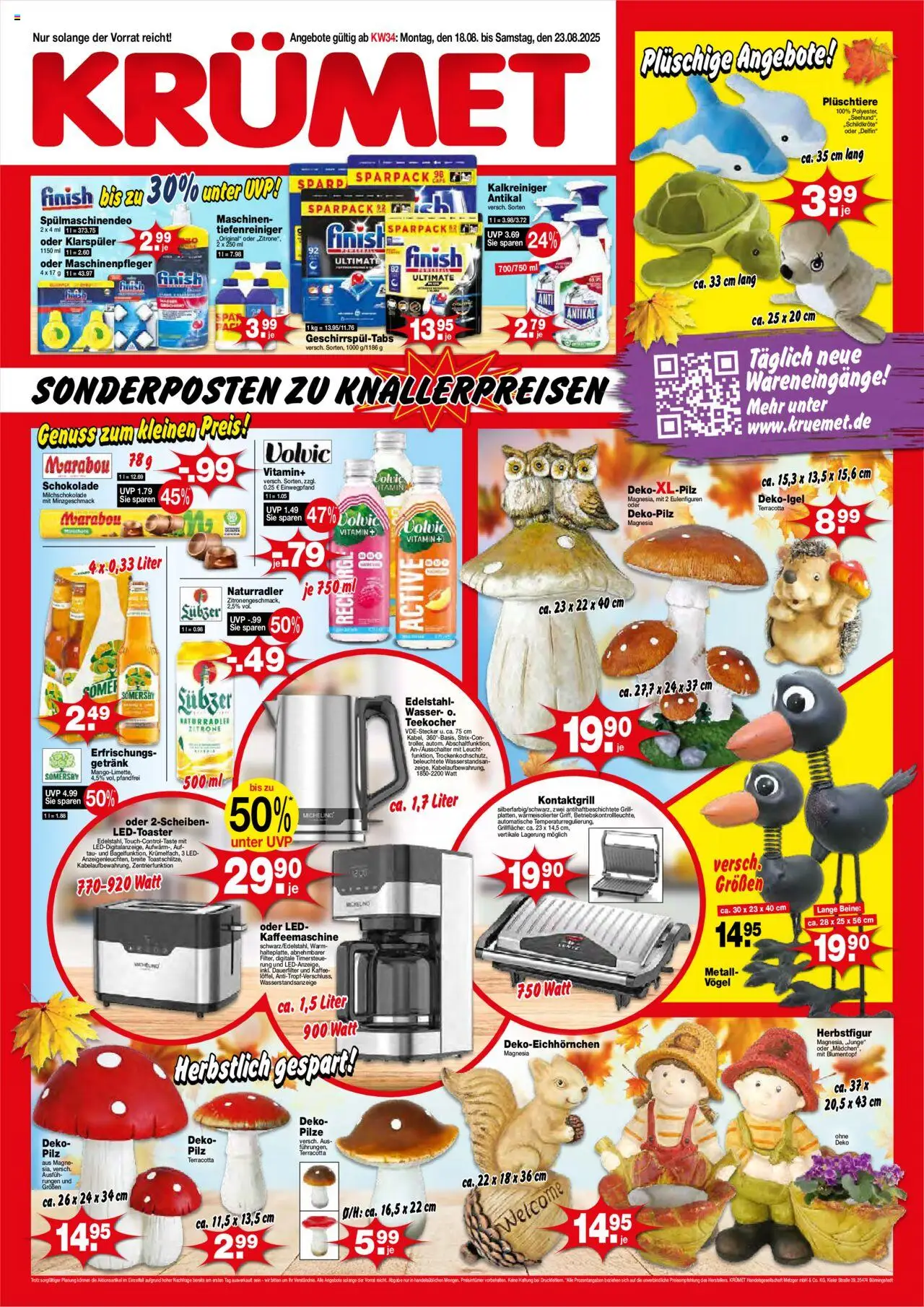 KRÜMET Prospekt (vom 18.08.2025 - 23.08.2025) - Kaffee, Wasser, Schokolade, Grill, Zitrone, Blumentopf, Klarspüler, Finish