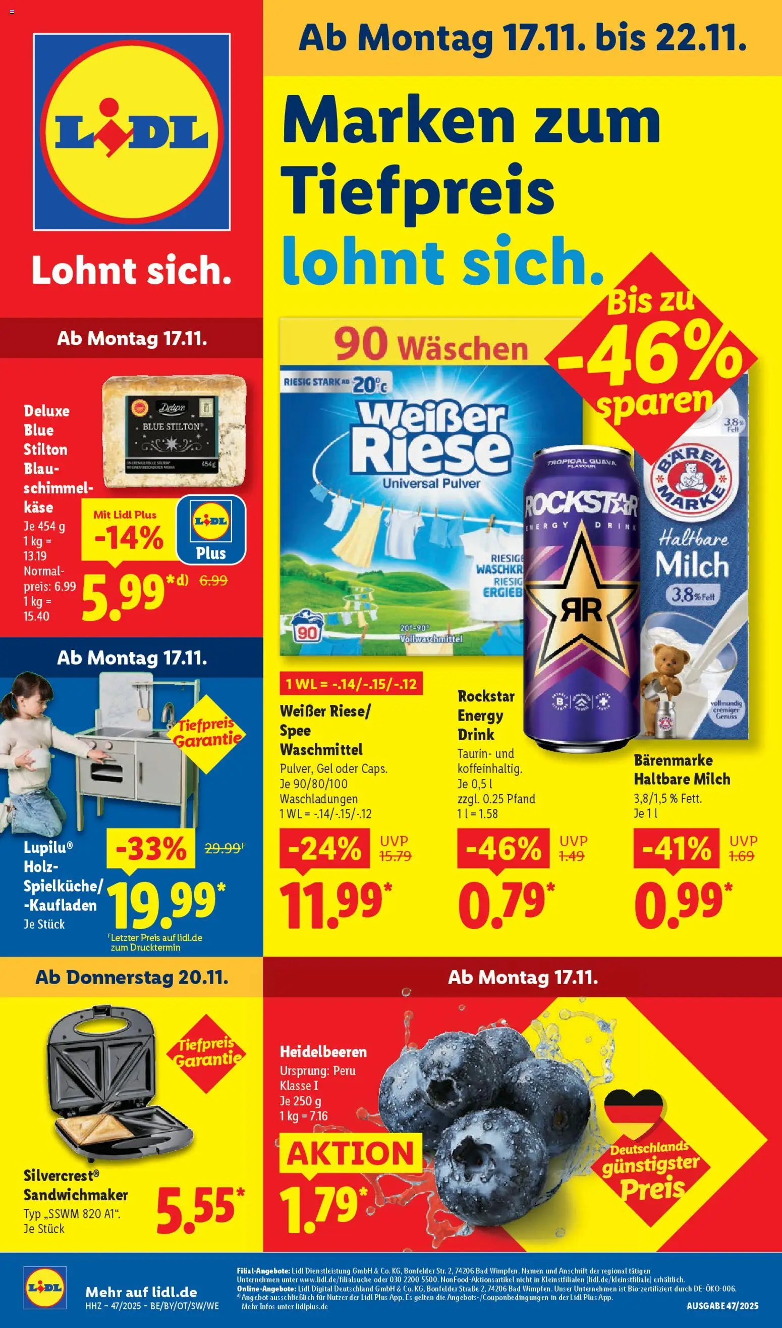 Vorschau von dem Prospekt des Geschäftes Lidl, gültig ab dem 17.11.2025 - Käse, Bad, Spee, Milch, Heidelbeeren, Sandwichmaker, Energy, Waschmittel