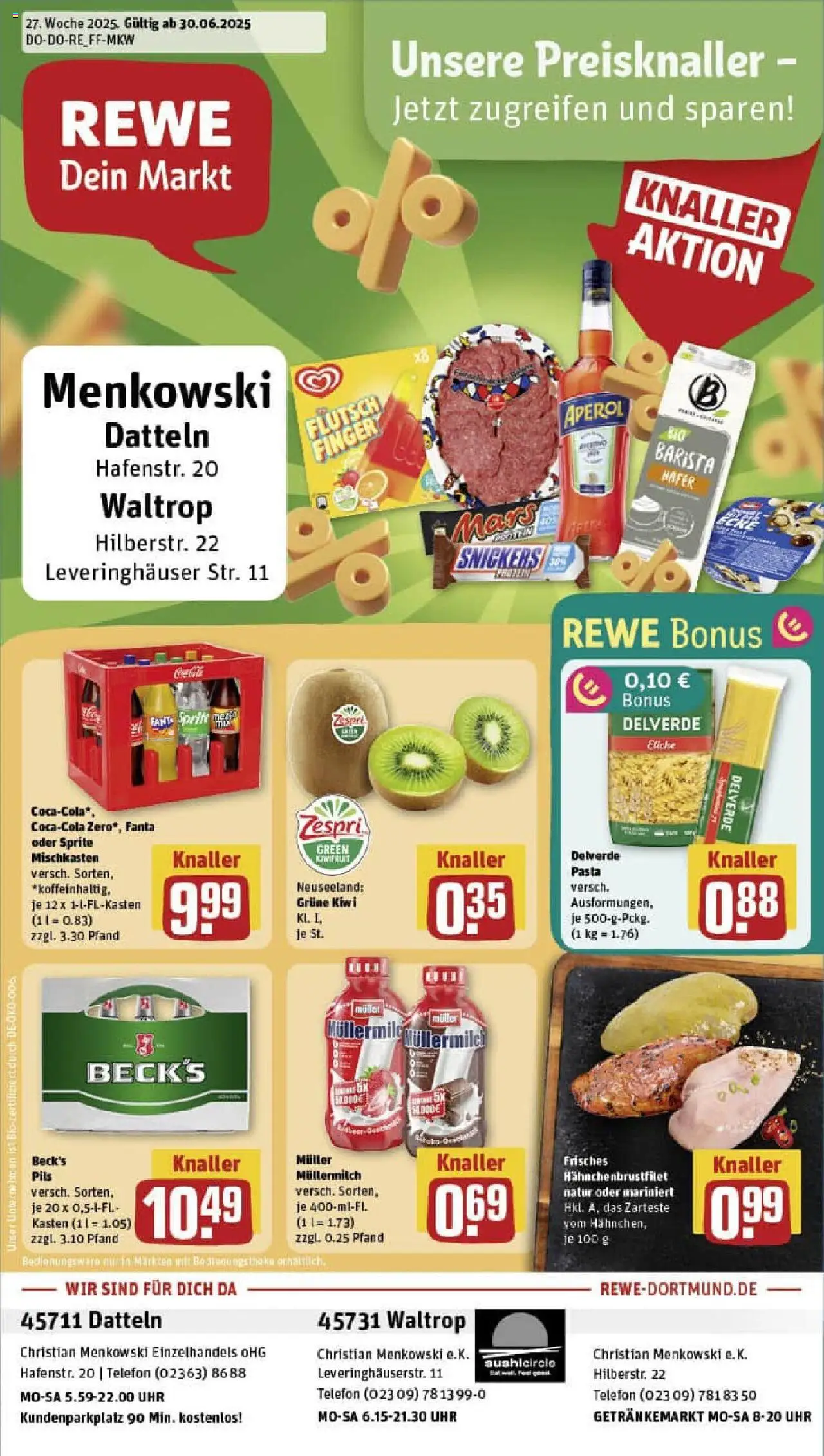 REWE Prospekt ab 29.06.2025 nächste Woche - Prospekt Datteln - Eis, Uhr, Telefon, Pasta, Snickers, Fanta, Sprite, Haferdrink