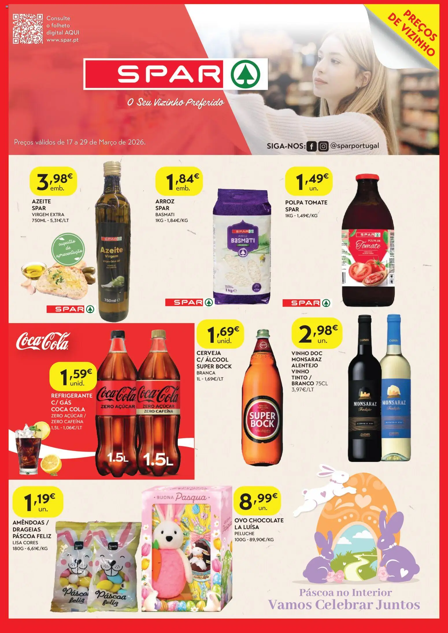 Pré-visualização do folheto da loja Spar válida a partir de 17/03/2026 - Chocolate, Cerveja, Álcool, Tomate, Açúcar, Amêndoas, Refrigerante, Polpa de tomate
