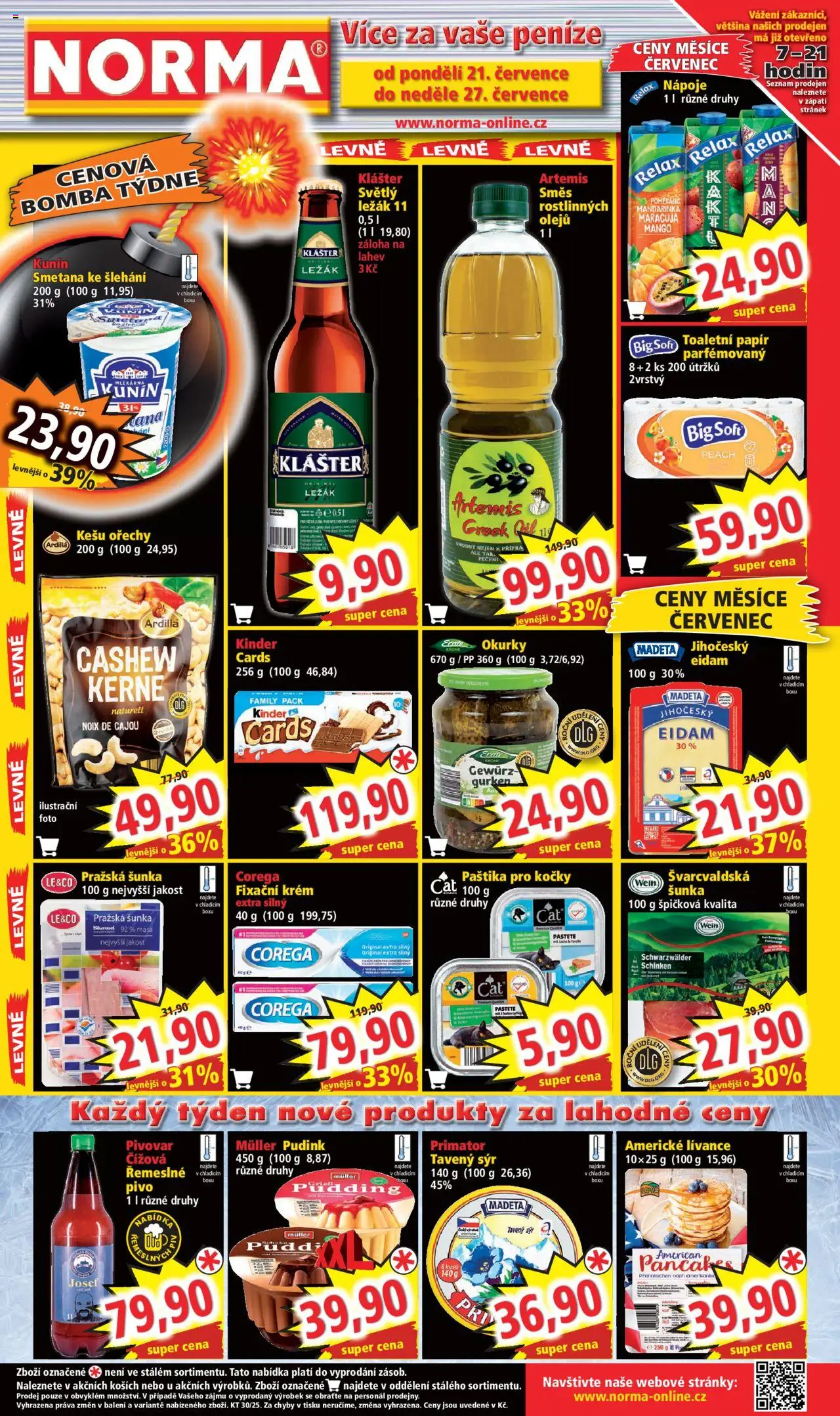 Norma Leták (21.07.2025) příští týden - Akční leták - Mango, Pivo, Maracuja, Kinder, Toaletní papír, Smetana ke šlehání, Láhev, Eidam