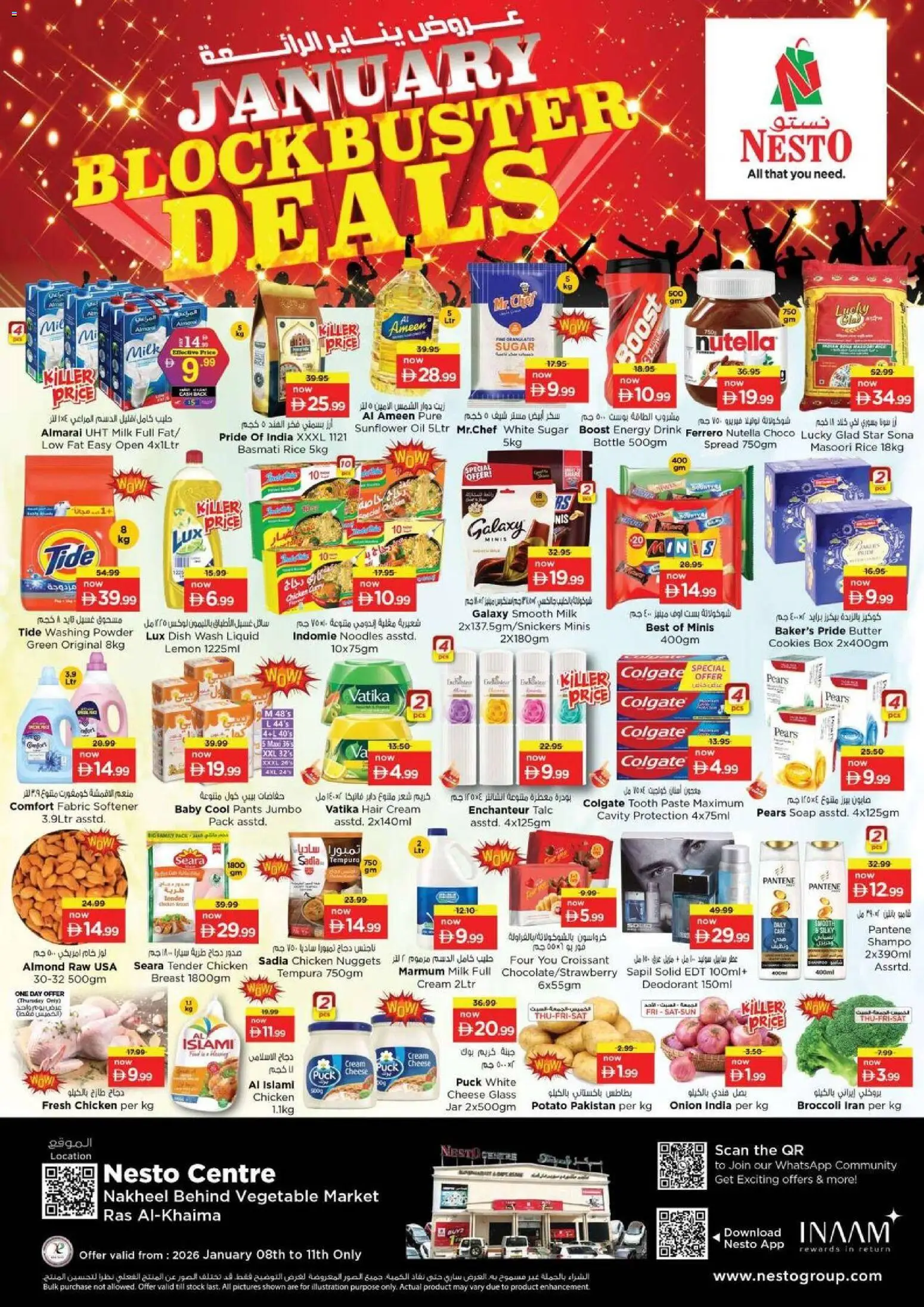 Preview of the catalogue January Blockbuster Deals - Ras Al Khama, Nakheel Behind Vegetable |Market of store Nesto valid from 8 Jan, 2026 - Cookies, Milk, Stock, Sugar, Lemon, Soap, Pants, Powder