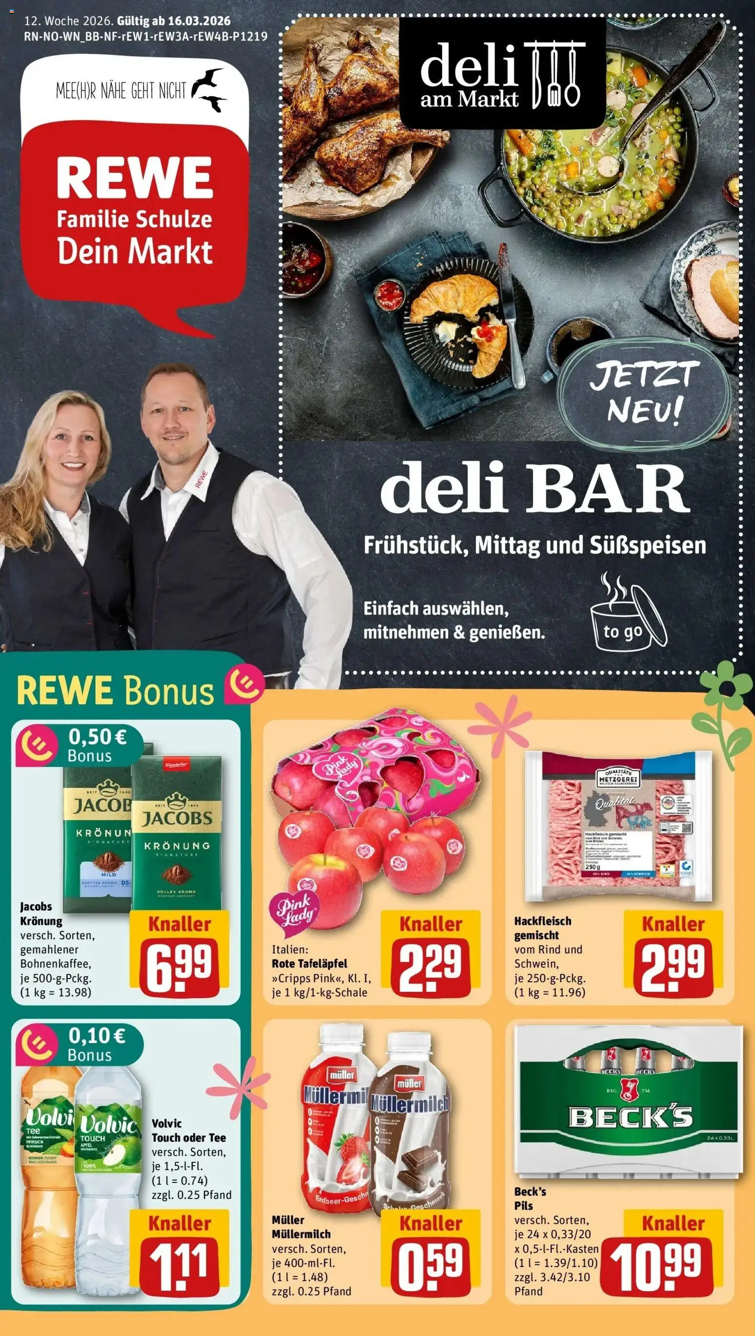 Vorschau von dem Prospekt des Geschäftes Rewe, gültig ab dem 15.03.2026 - Tee, Hackfleisch, Pfirsich, Müllermilch, Volvic, Pils, Volvic touch, Muller mullermilch