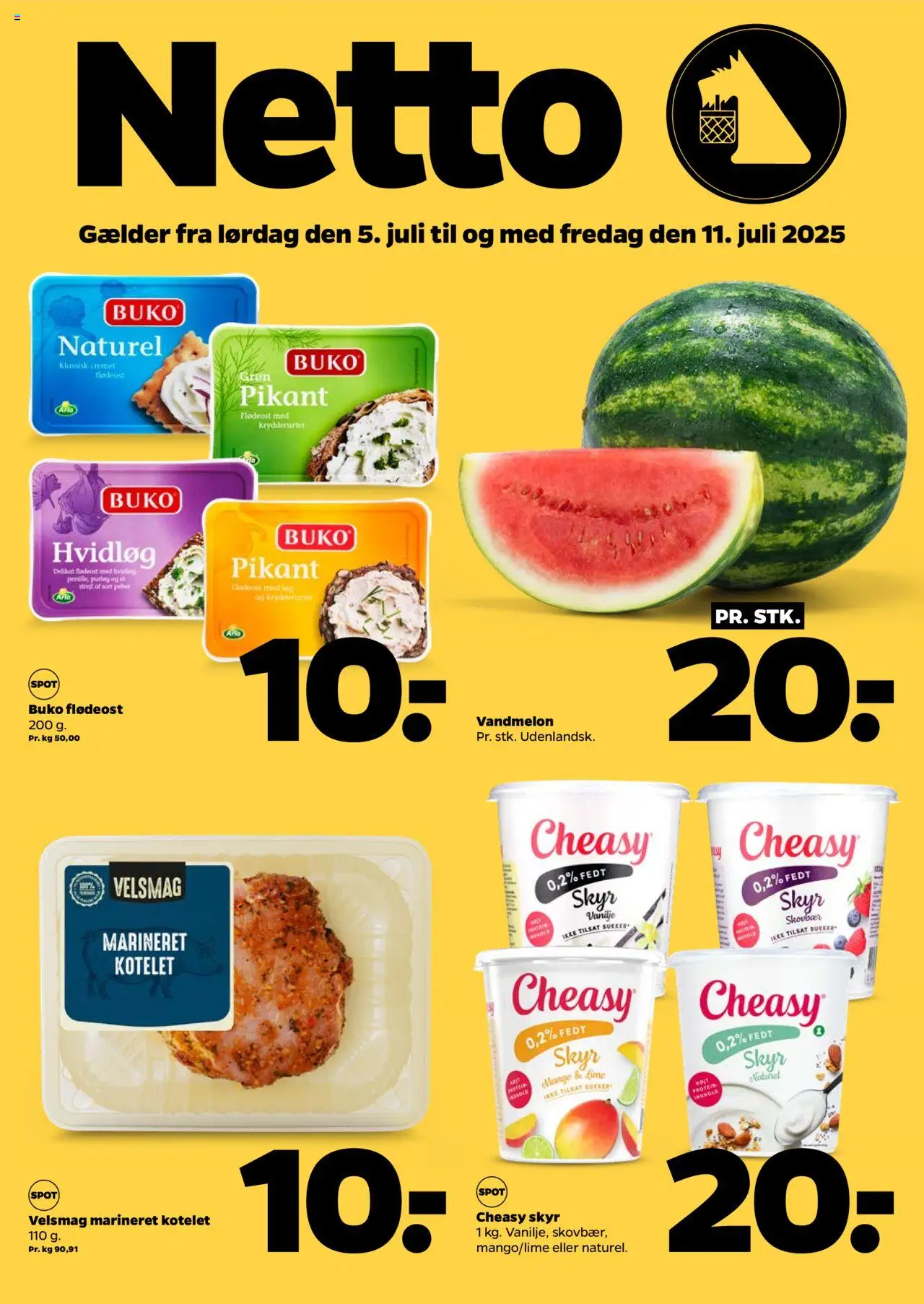 Netto tilbudsavis gyldig fra 05/07/2025 - side 1 - Skyr, Purløg, Vandmelon, Løg, Flødeost, Hvidløg, Peber, Vanilje
