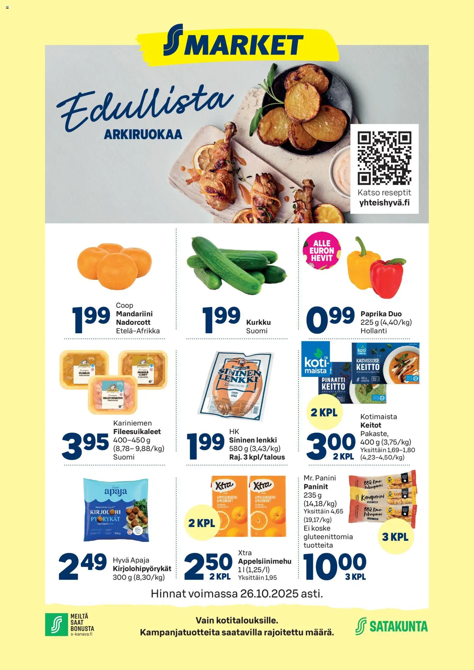 S-market-kaupan Ulvila voimassa 22/10/2025 - Sivulla 1 - Kirjolohi, Keitto, Kurkku, Curry, Paprika, Pinaatti, Mehu, Appelsiinimehu