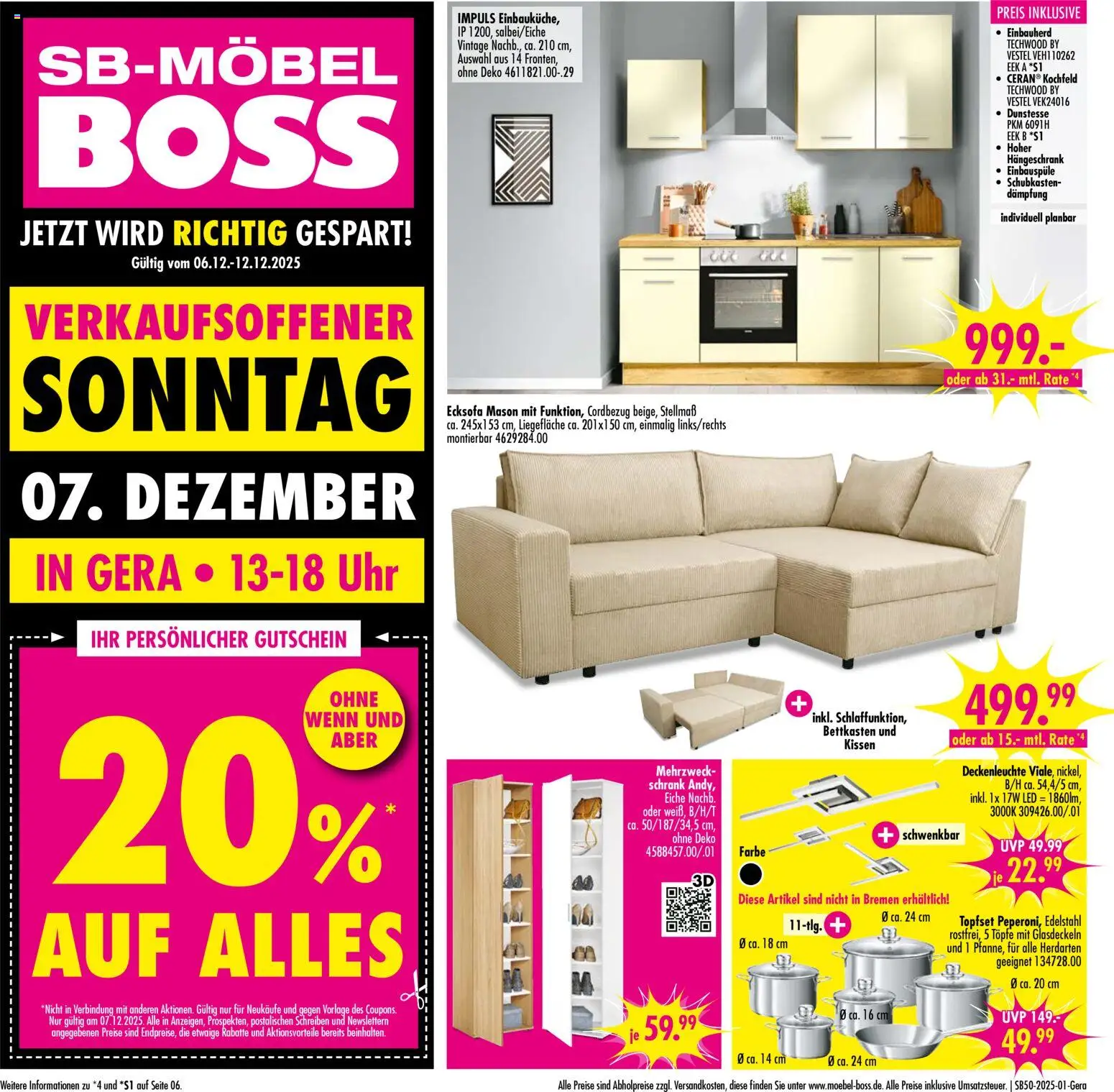 Vorschau von dem Prospekt des Geschäftes SB Möbel Boss, gültig ab dem 06.12.2025 - Uhr, Ecksofa, Schrank, Kissen, Hängeschrank, Kochfeld