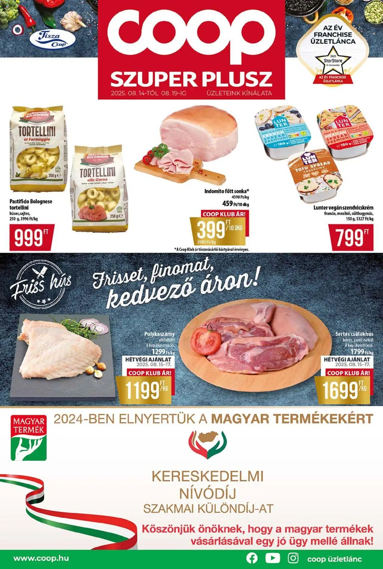 COOP aktuális szórólap, érvényes 2025.08.14.-től - 1 oldal - Tofu, Tortellini, Hús, Vegán, Szendvicskrém, Pulykaszárny